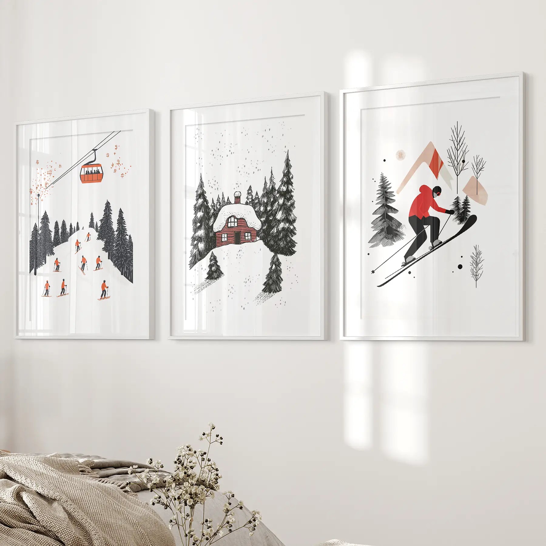 Alpiner Skisport Winter 3er-Set Drucke Wandkunst für Zuhause