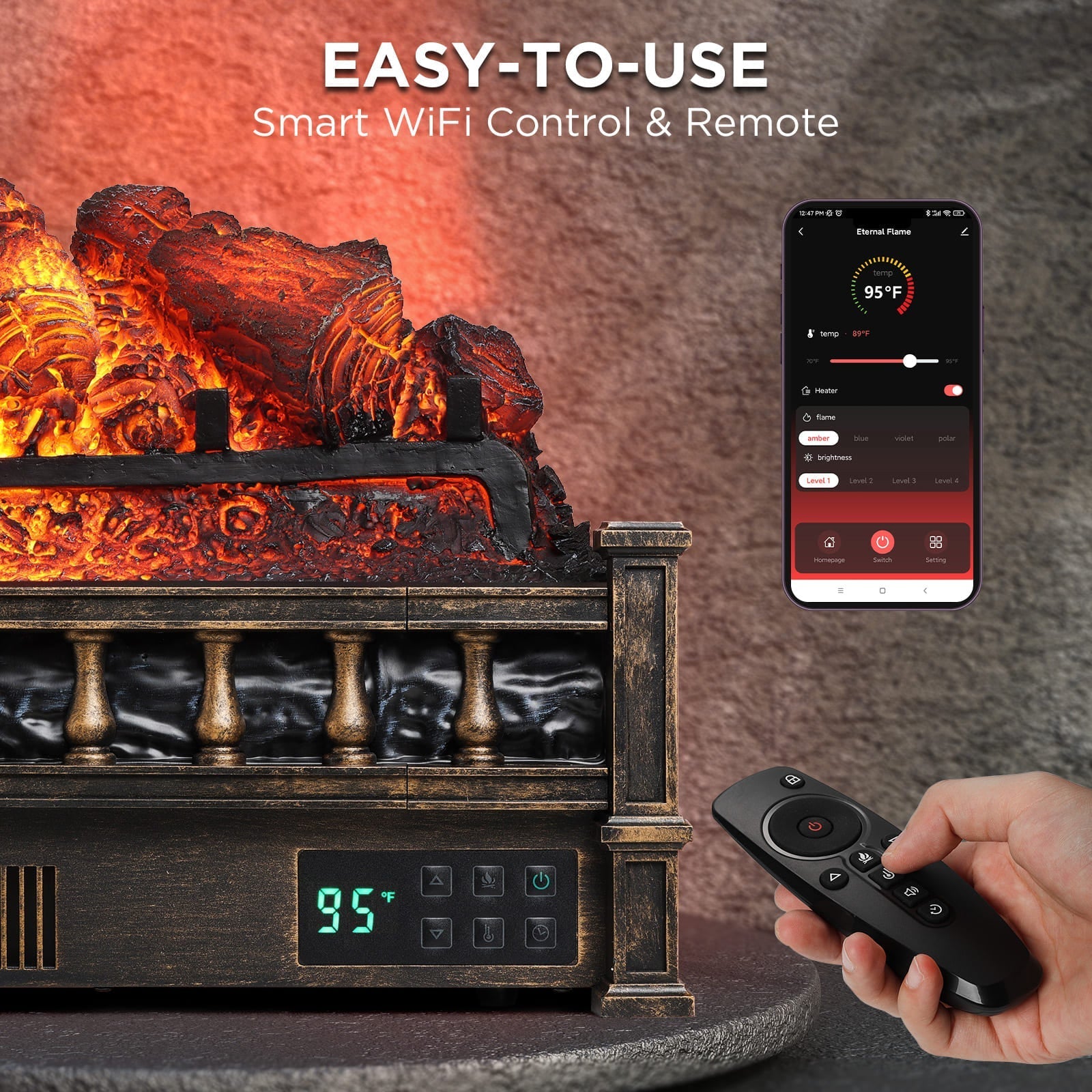 (Retourenware) Eternal Flame EF26-PB Intelligente elektrische Kaminholzscheite, WiFi-fähig
