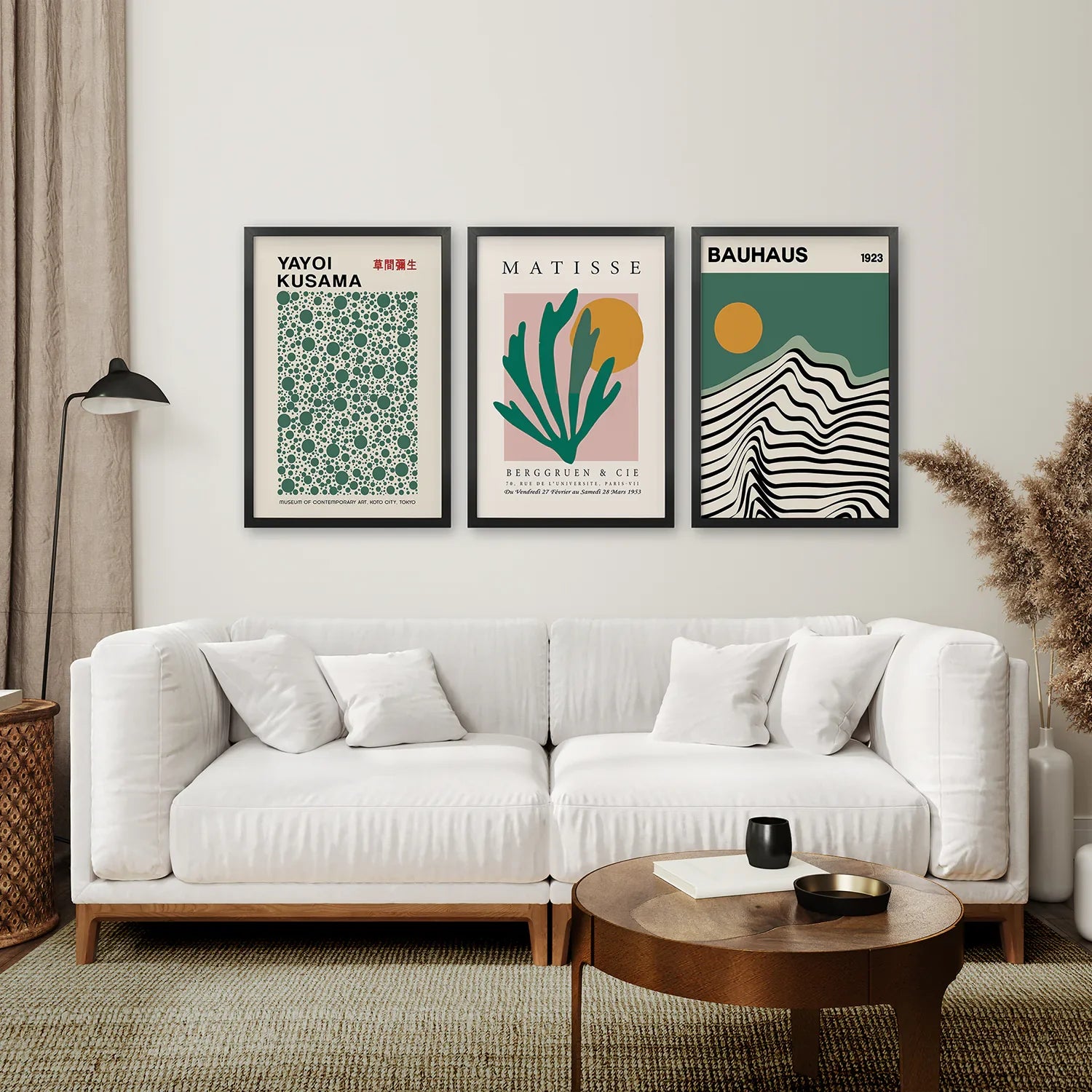 Salbeigrünes 3er-Set Kunstdrucke. Bauhaus, Kusama, Matisse Stil