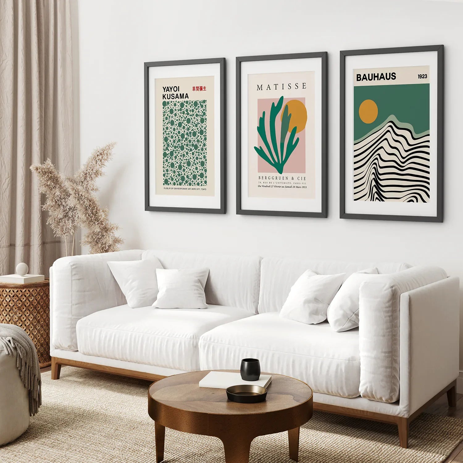 Salbeigrünes 3er-Set Kunstdrucke. Bauhaus, Kusama, Matisse Stil