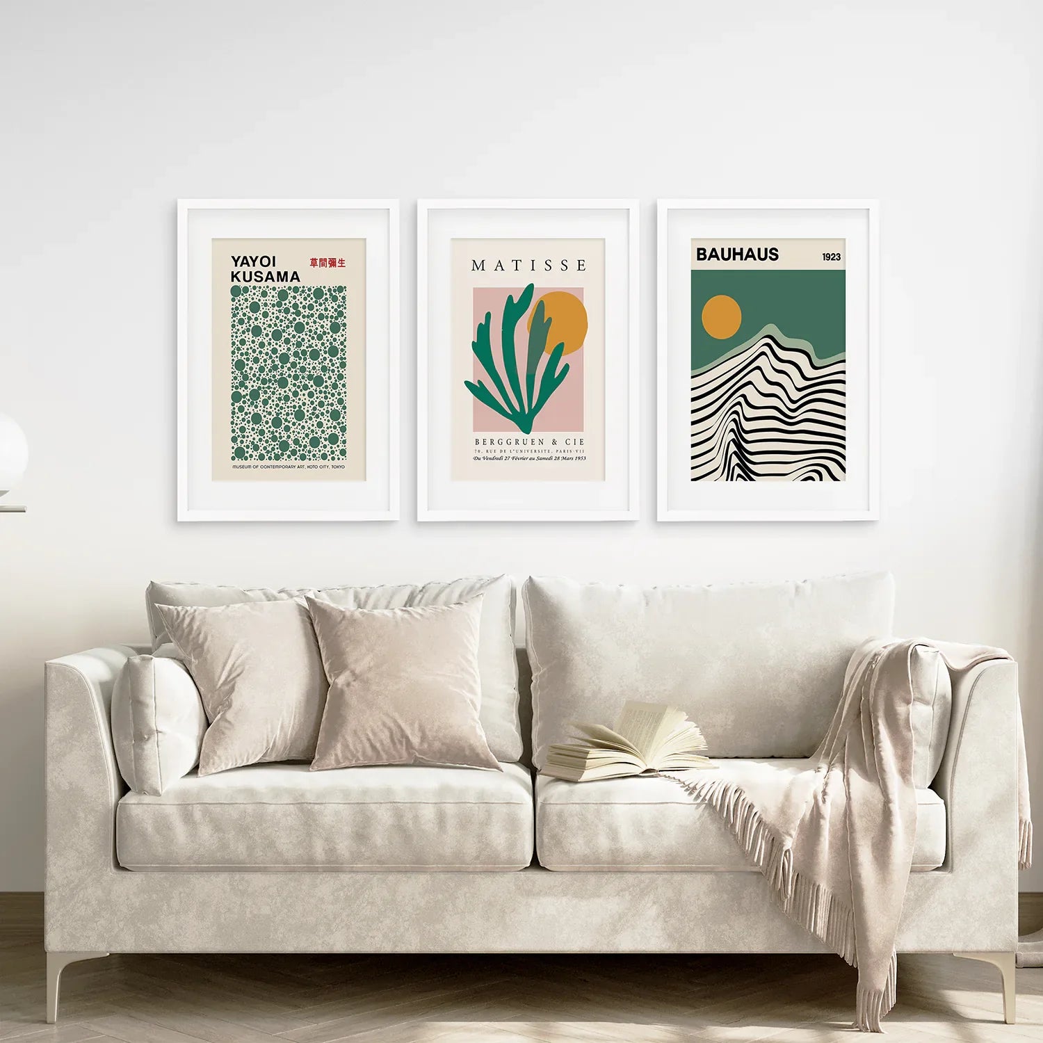 Salbeigrünes 3er-Set Kunstdrucke. Bauhaus, Kusama, Matisse Stil
