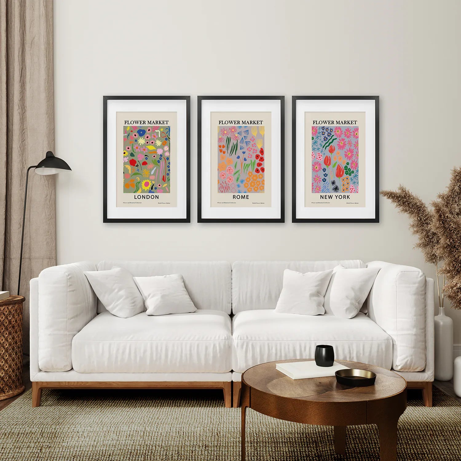 Boho Blumenmarkt 3er-Poster-Set. New York, London, Rom