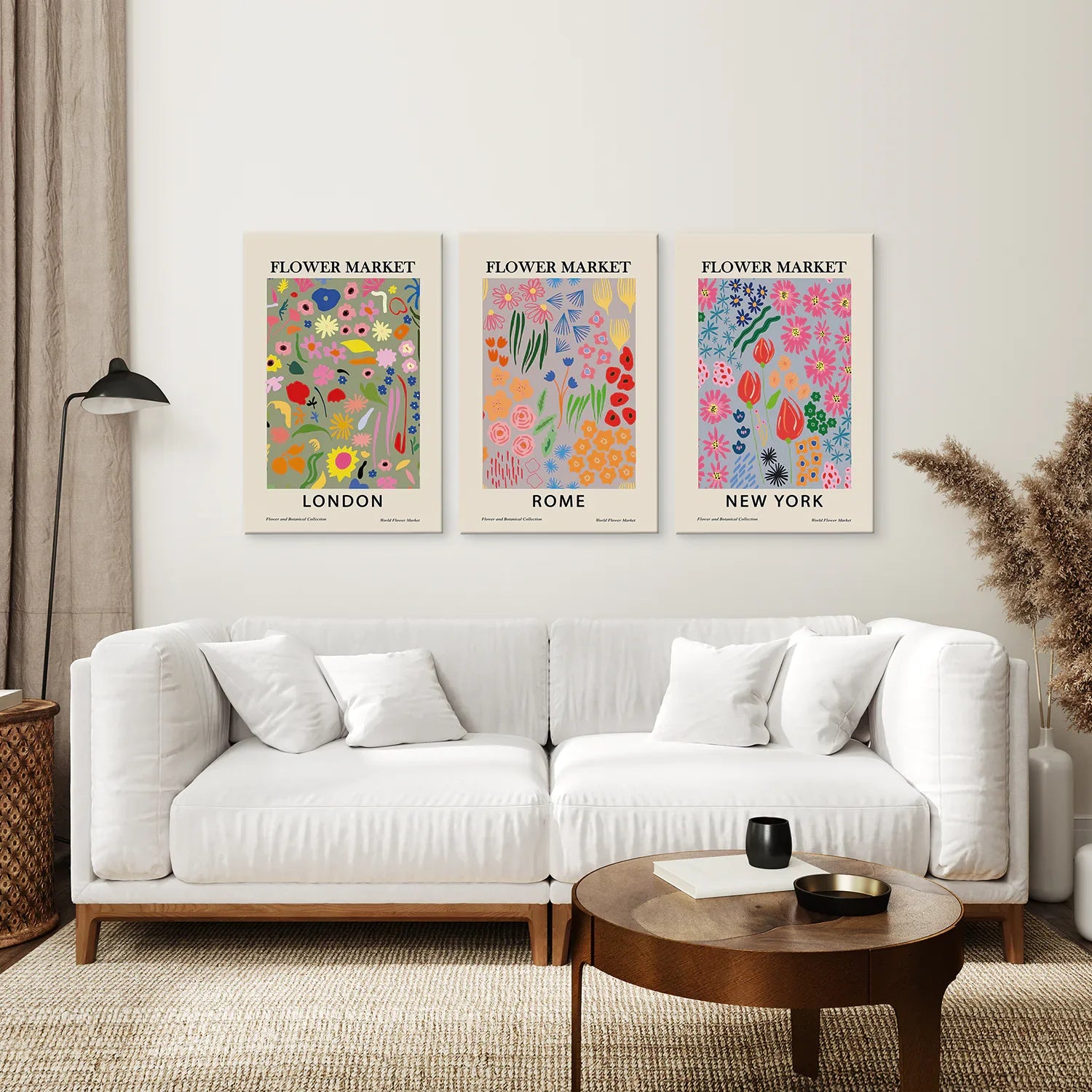 Boho Blumenmarkt 3er-Poster-Set. New York, London, Rom