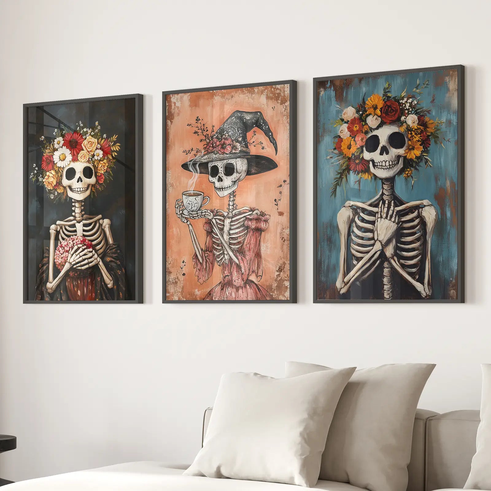 Gemütliches Blumen-Skelett-Wandkunst-Deko-Poster-Set