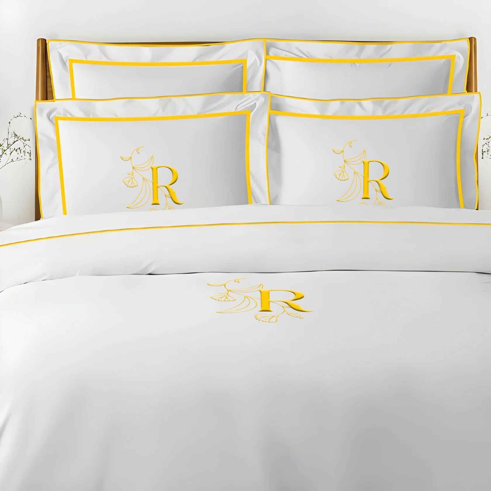 Monogram Embroidery & Border Cotton Sateen Solid Duvet Cover Set