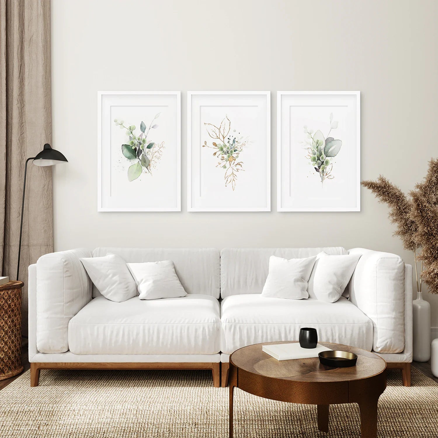 Grünes botanisches Aquarell-Kräuter-Wandbilder-Set aus 3 Drucken