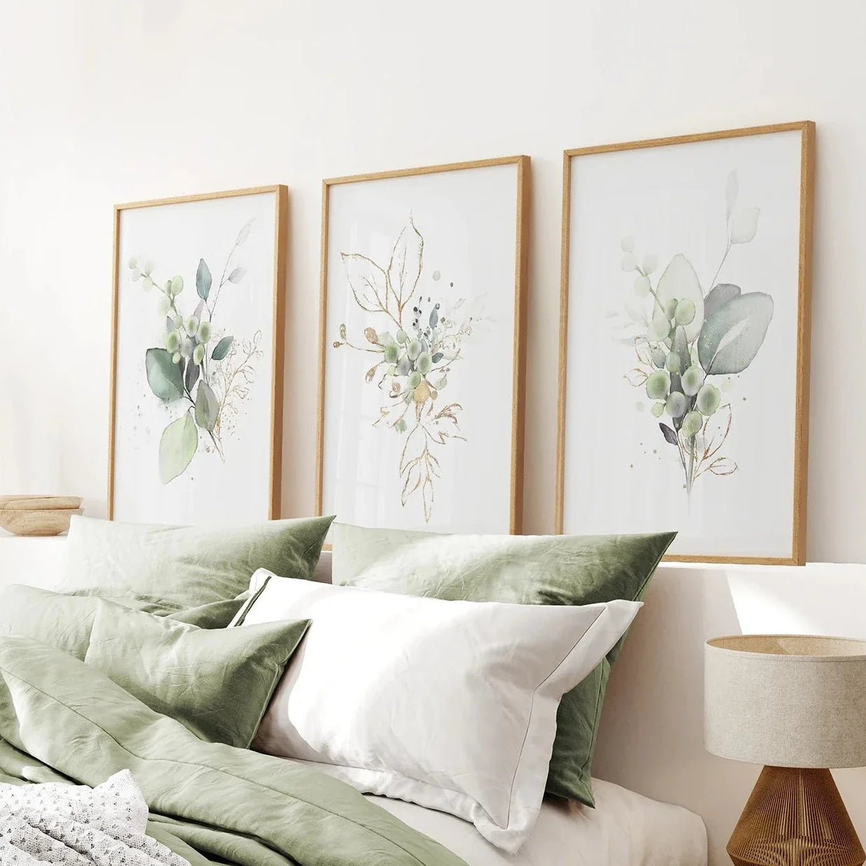 Grünes botanisches Aquarell-Kräuter-Wandbilder-Set aus 3 Drucken
