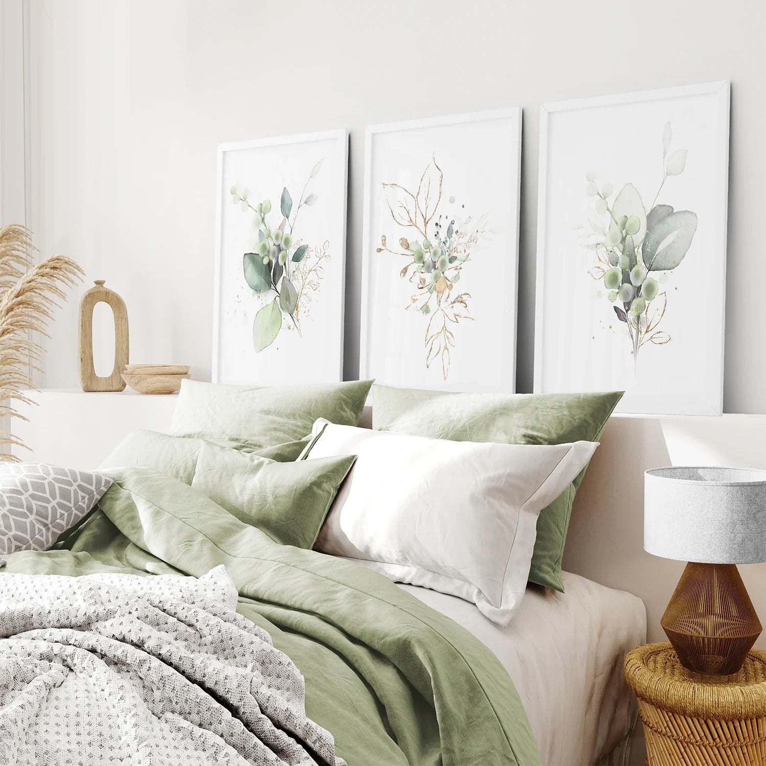 Grünes botanisches Aquarell-Kräuter-Wandbilder-Set aus 3 Drucken