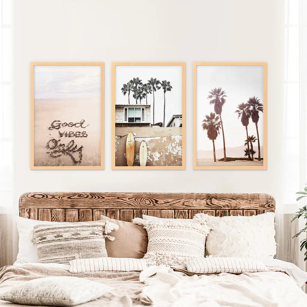 Boho-Stil Wanddekoration für den Küstenbereich. Good Vibes, Palmen, Surfen