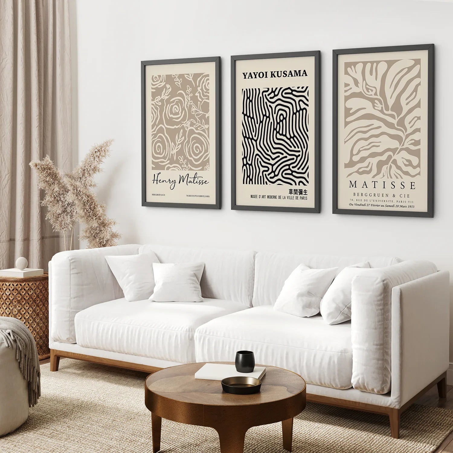 3er Set Pastell Beige Kunstdrucke. Henri Matisse und Yayoi Kusama