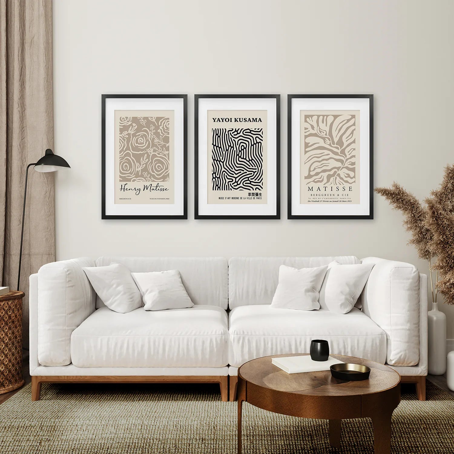3er Set Pastell Beige Kunstdrucke. Henri Matisse und Yayoi Kusama