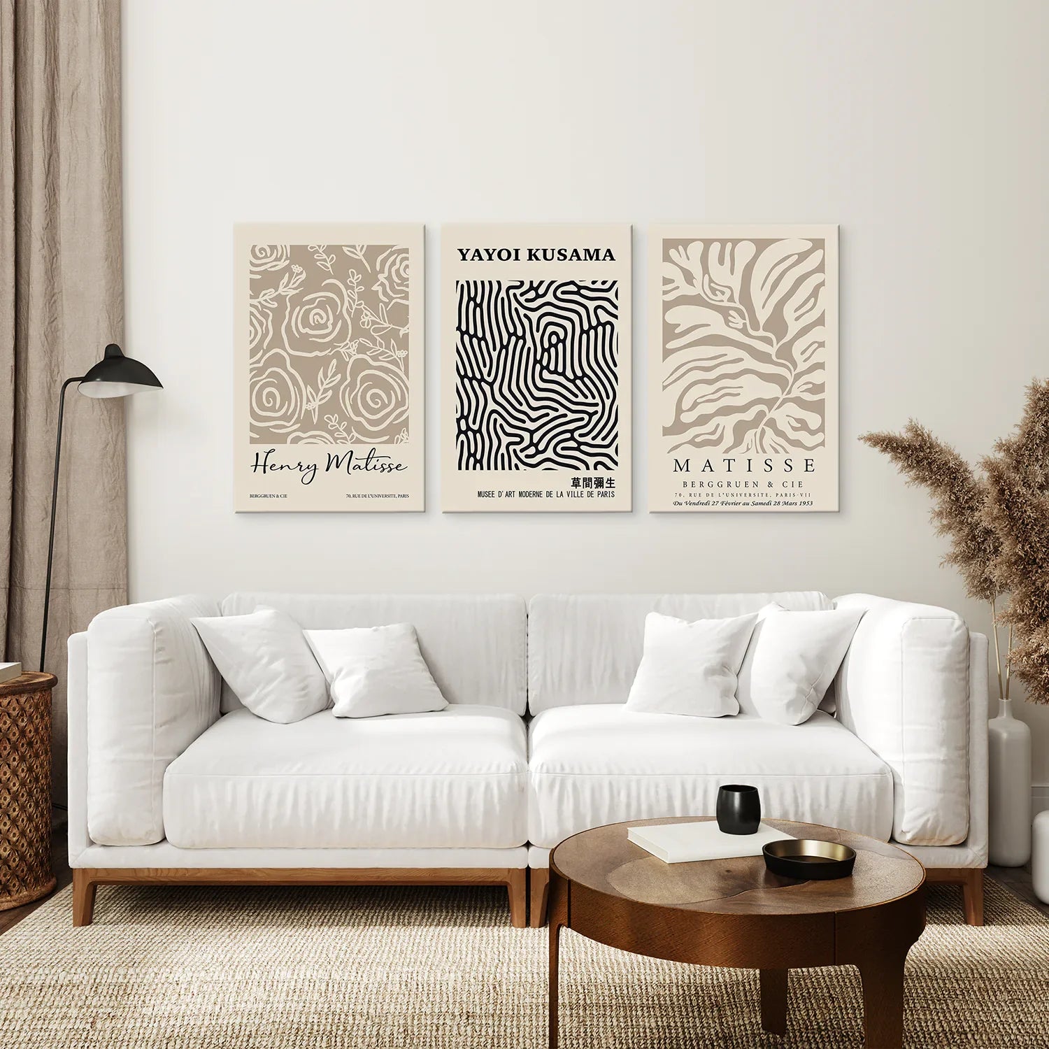 3er Set Pastell Beige Kunstdrucke. Henri Matisse und Yayoi Kusama