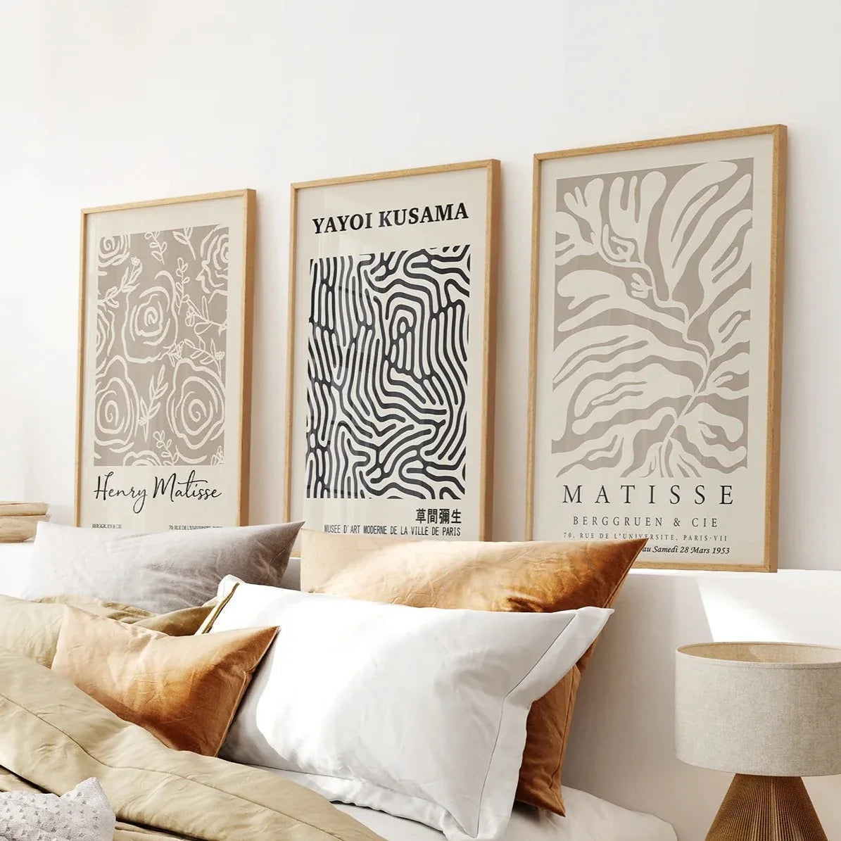 3er Set Pastell Beige Kunstdrucke. Henri Matisse und Yayoi Kusama