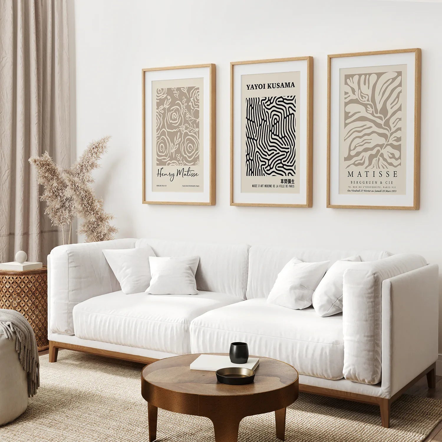 3er Set Pastell Beige Kunstdrucke. Henri Matisse und Yayoi Kusama