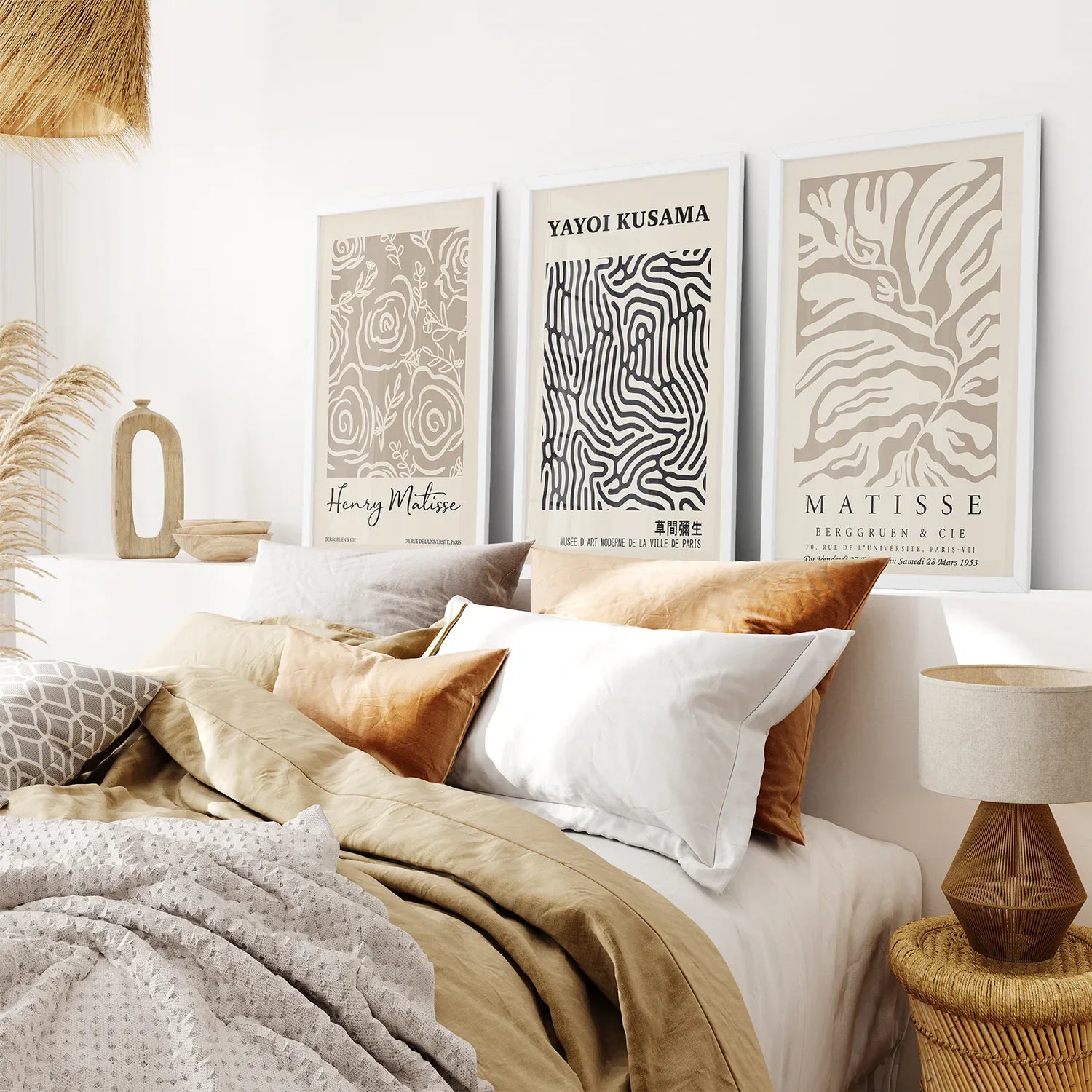 3er Set Pastell Beige Kunstdrucke. Henri Matisse und Yayoi Kusama