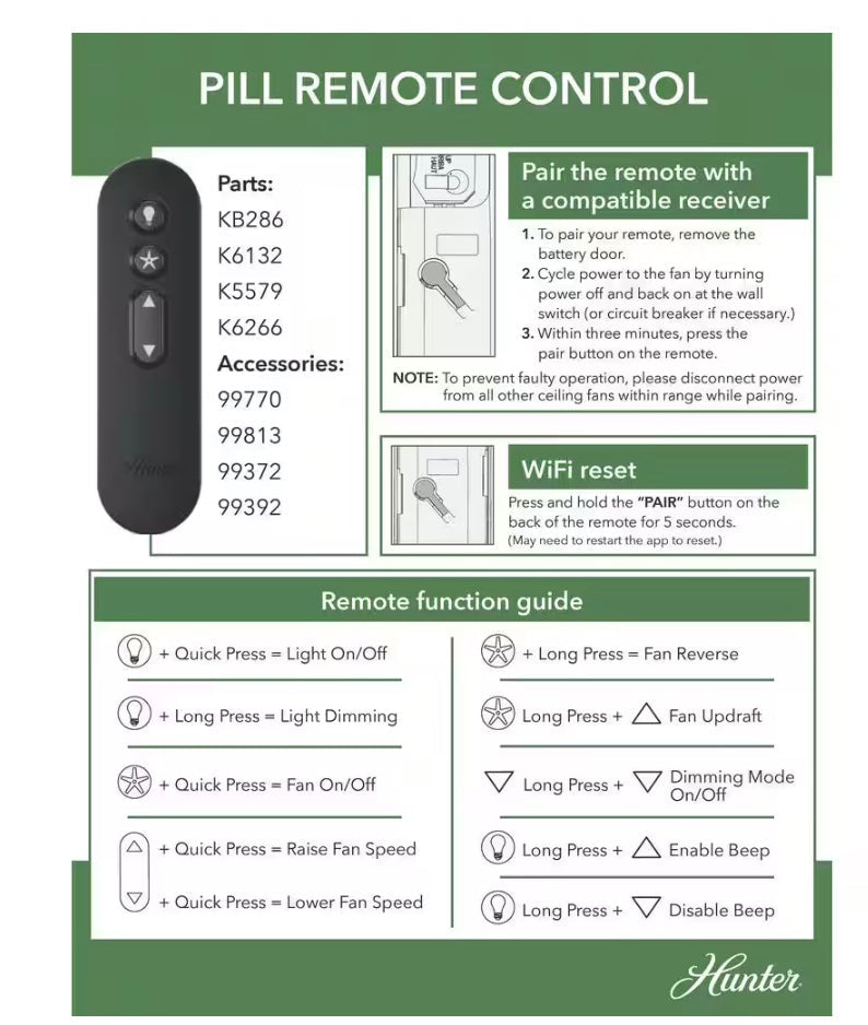 Hunter Universal 3 Speed Ceiling Fan Kit with Handheld Remote Control - White - Damp Rated - 99392