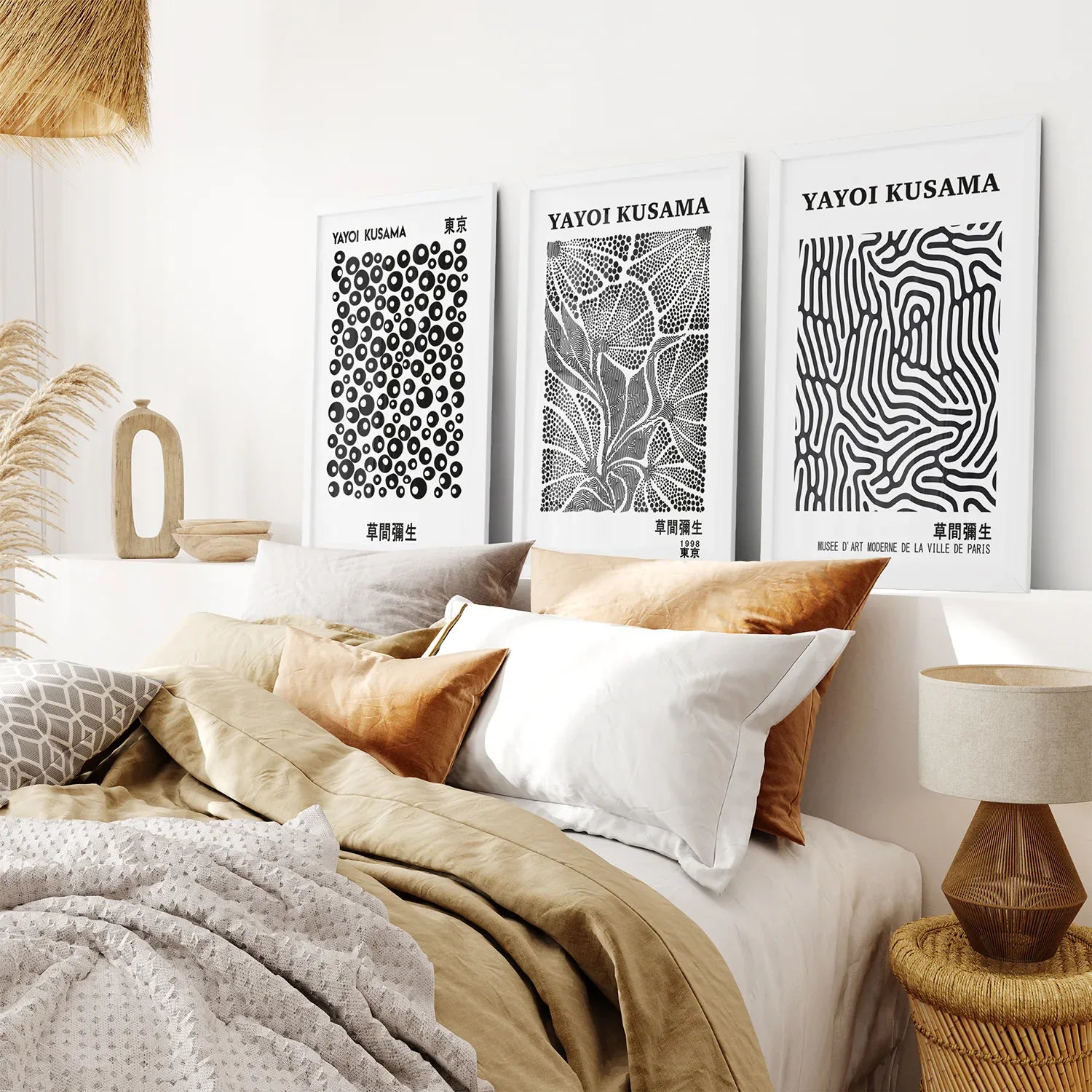 Schwarz-Weißes 3-teiliges abstraktes Kusama-Kunstset
