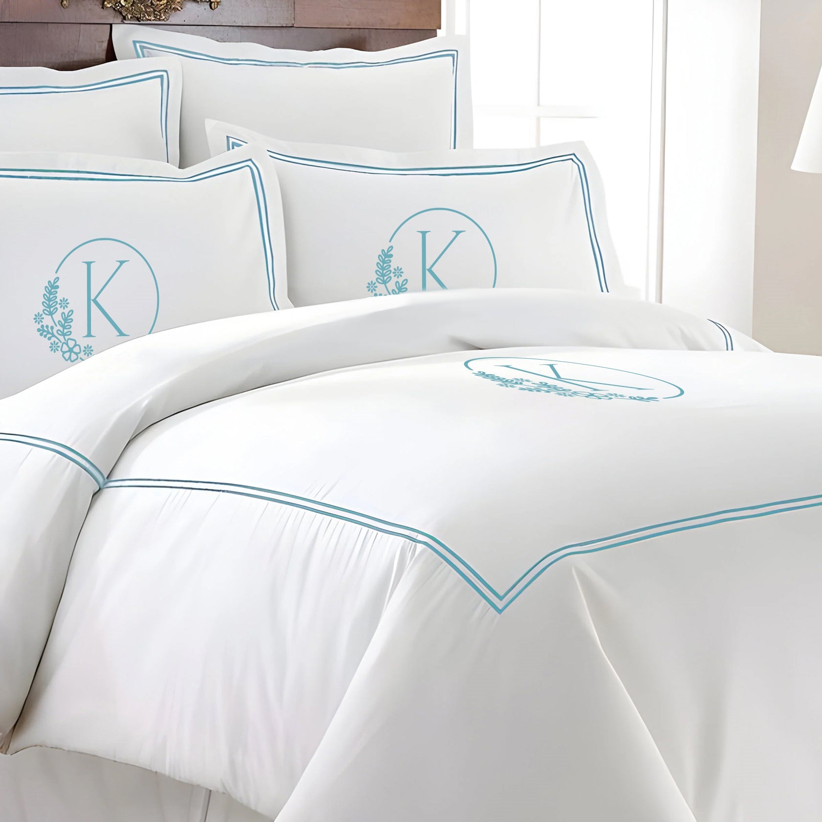 Monogram 400TC Cotton Double Embroidery Sateen Solid Duvet Cover Set