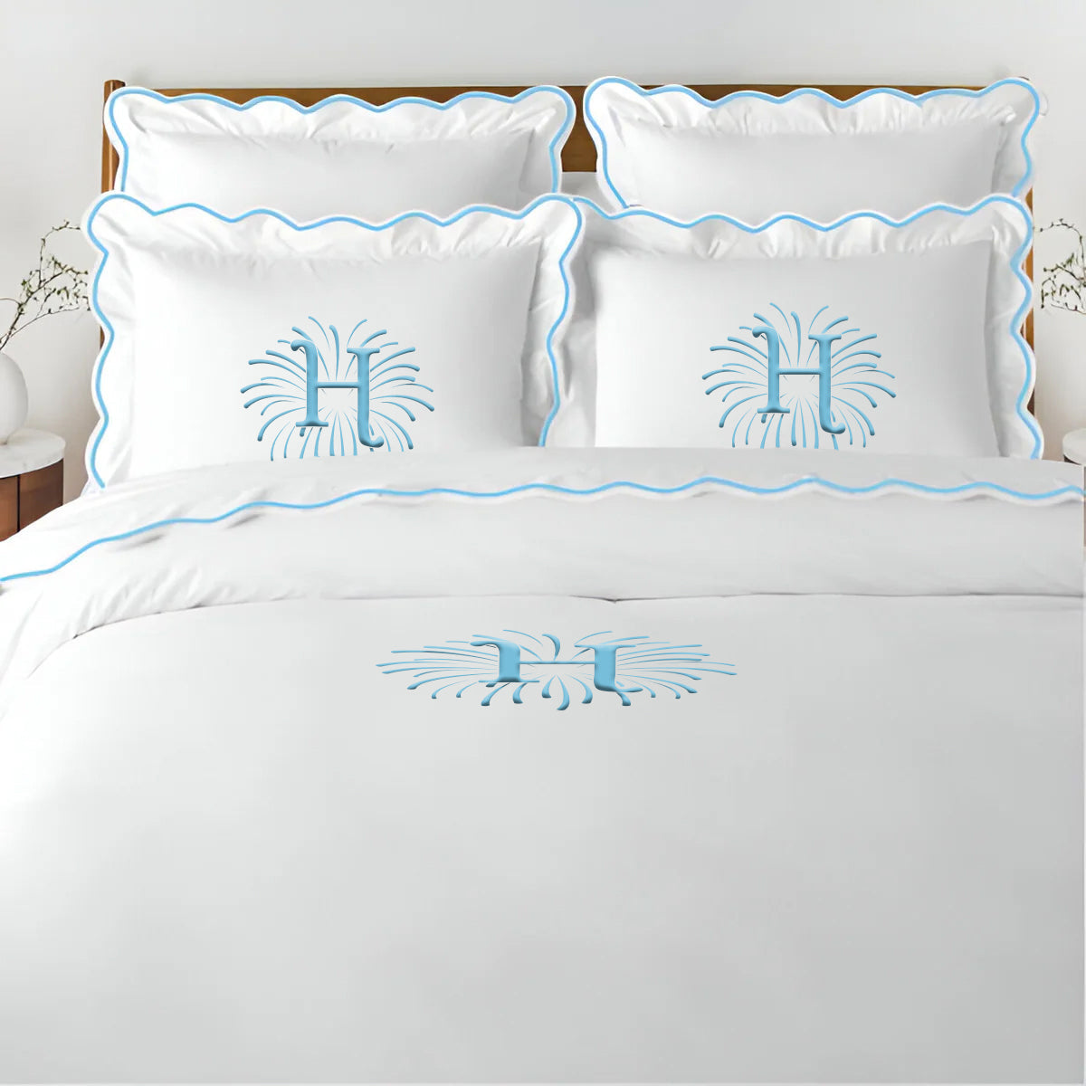 Monogram 400TC Cotton Scallop Embroidery Sateen Solid Duvet Cover Set