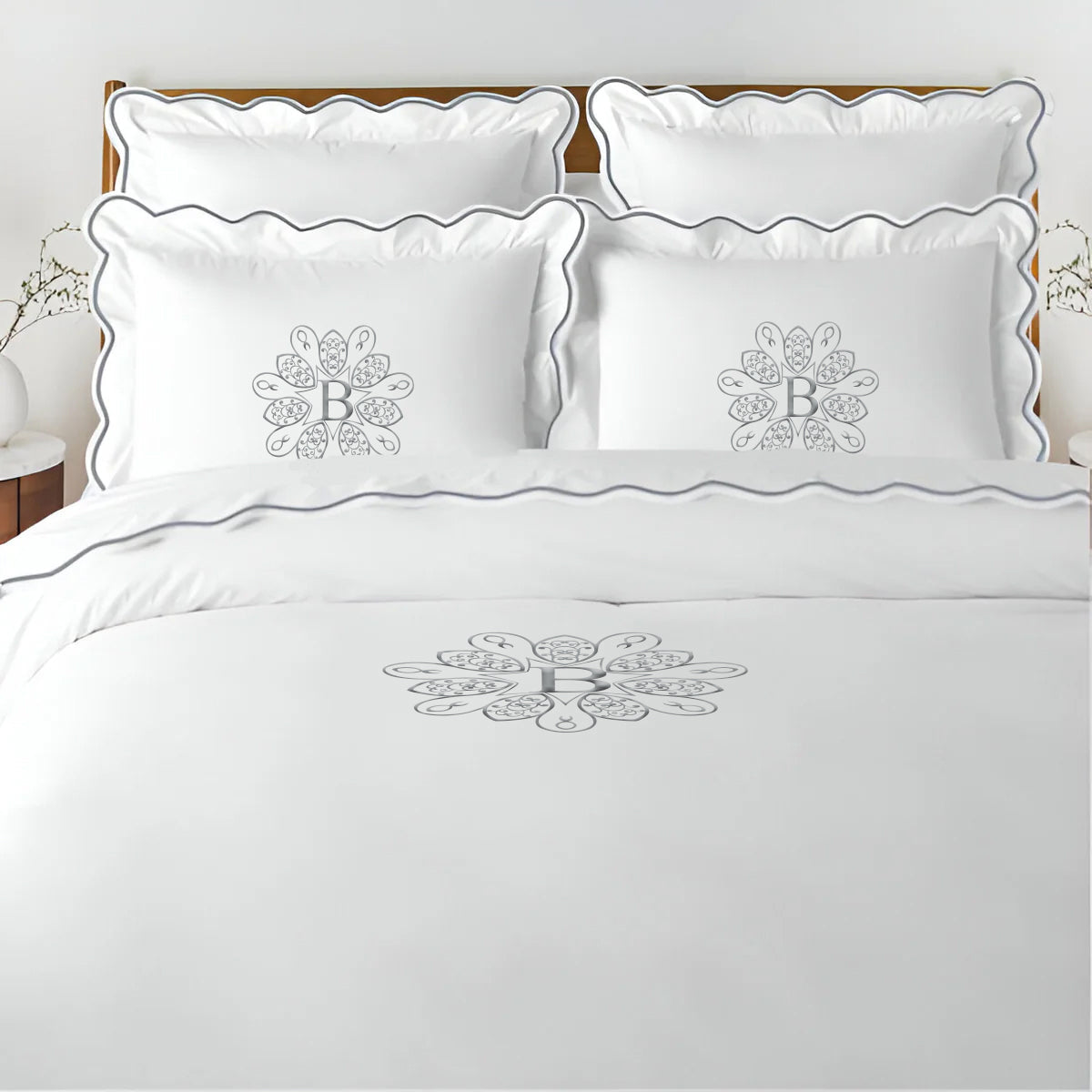 Monogram 400TC Cotton Scallop Embroidery Sateen Solid Duvet Cover Set