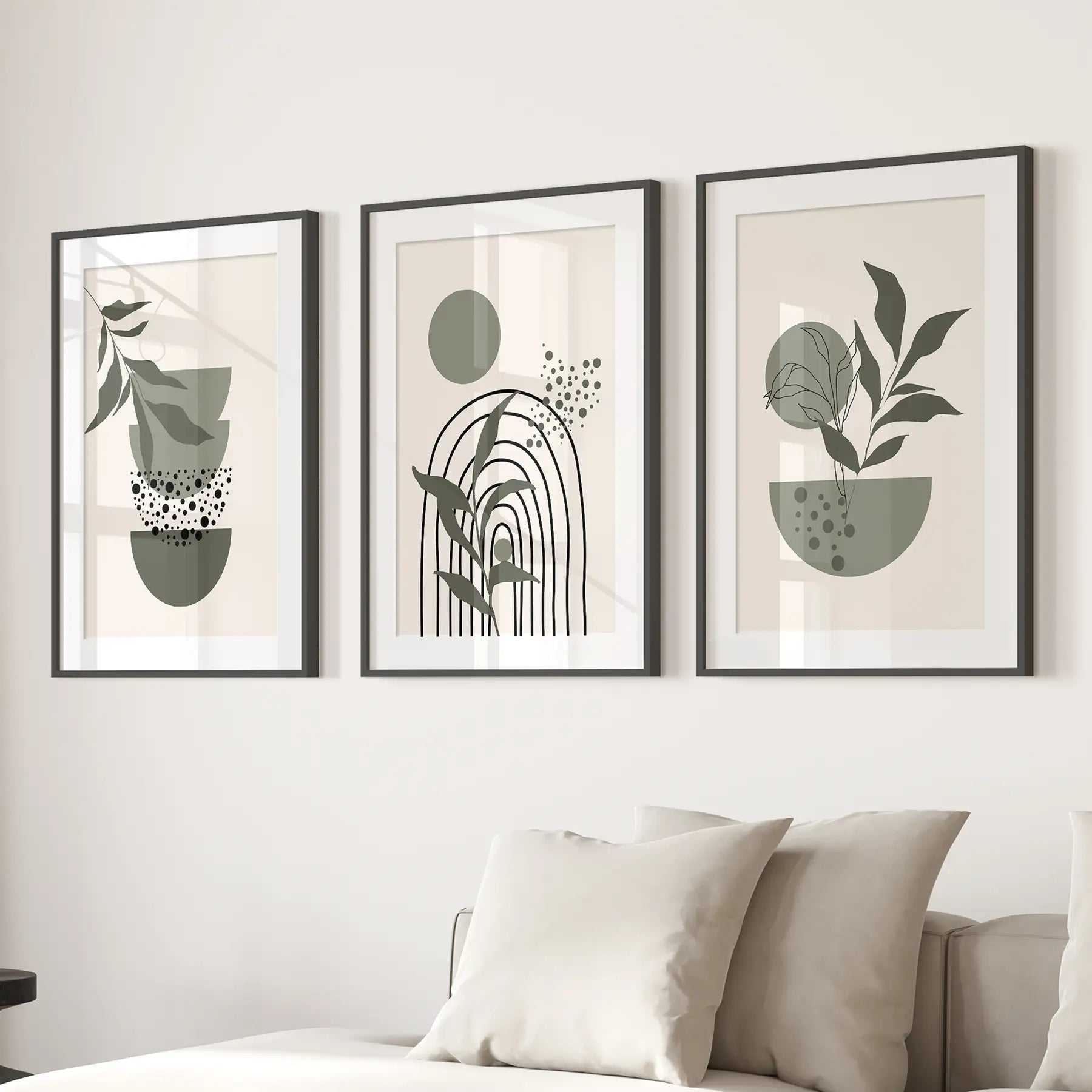 3-teilige Boho-Wandkunstdrucke. Grüne Mid-Century abstrakte Dekoration