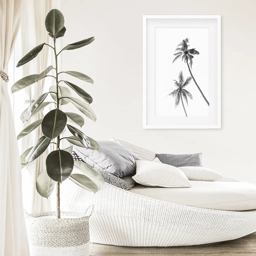 Minimalistisches Schwarz-Weiß-Palmen-Poster. Hawaii-Thema