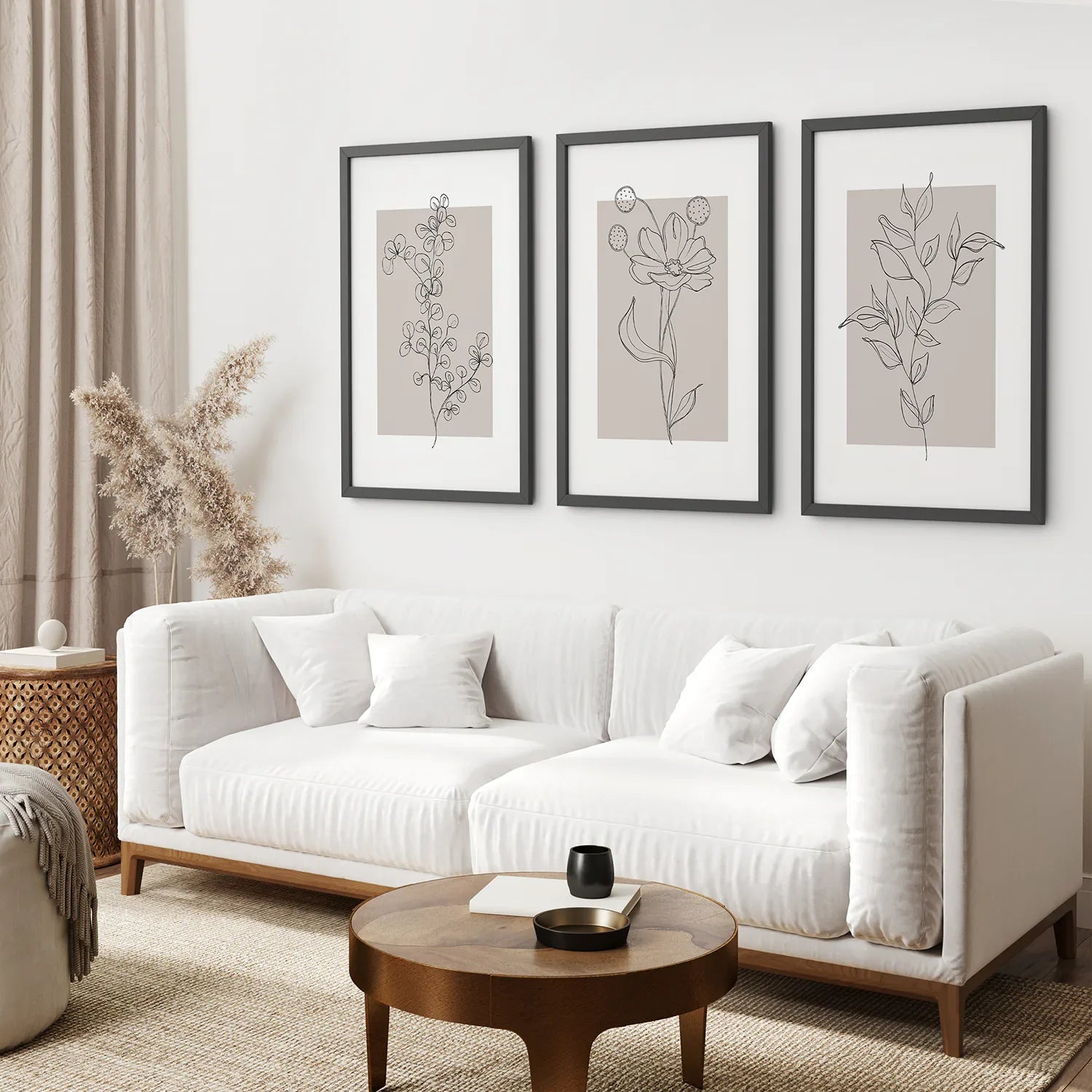 Pastellfarbenes botanisches Wandkunst-Set, 3-teilig. Grau und Beige