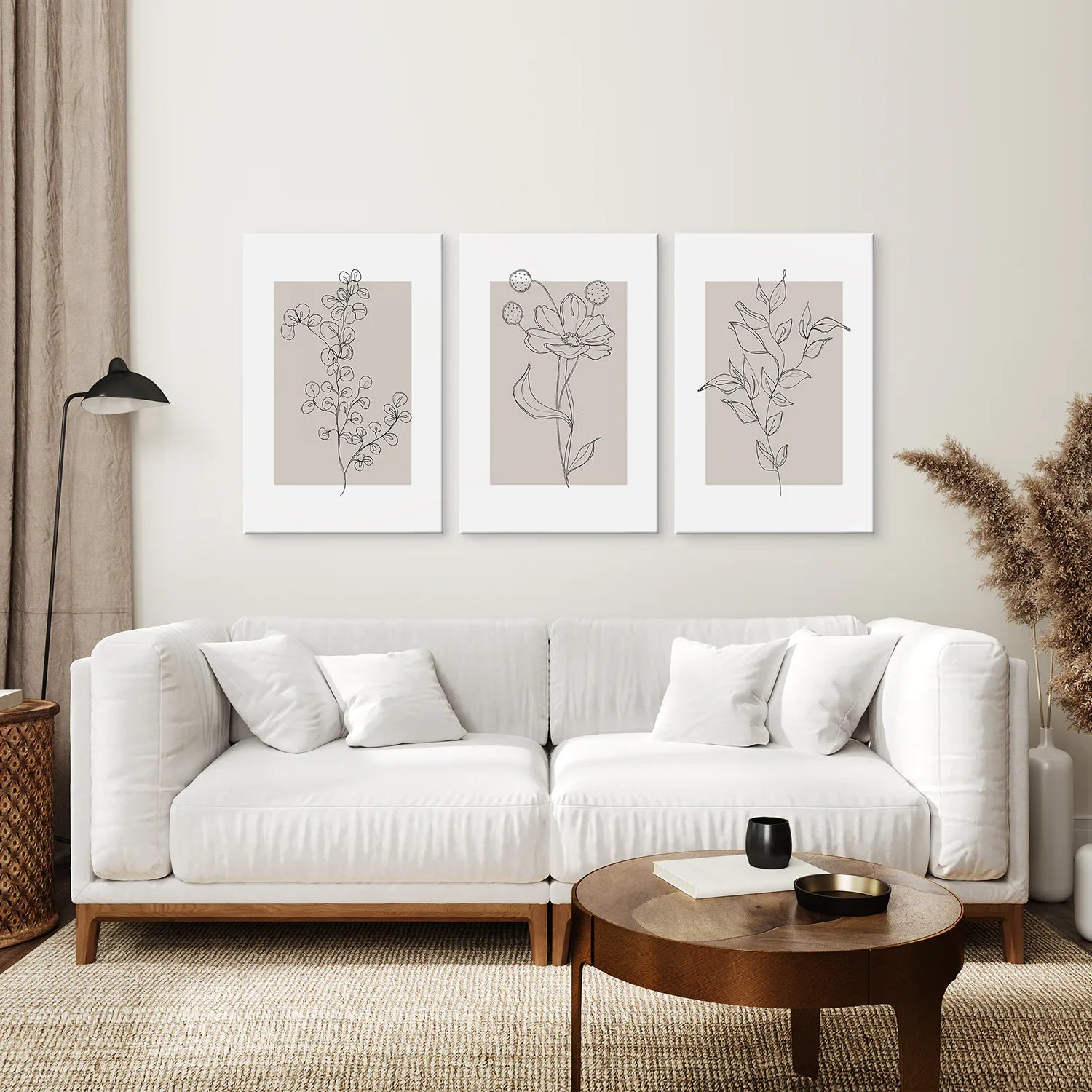 Pastellfarbenes botanisches Wandkunst-Set, 3-teilig. Grau und Beige