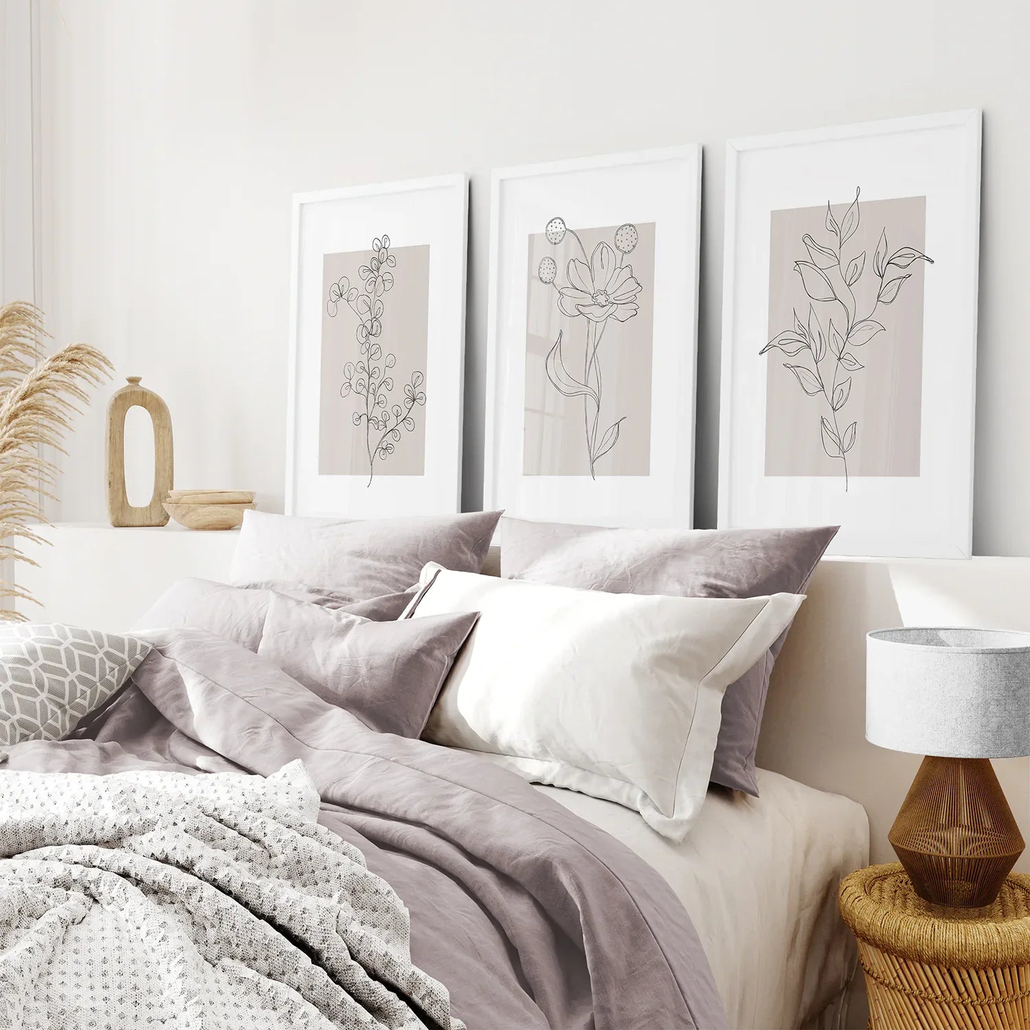 Pastellfarbenes botanisches Wandkunst-Set, 3-teilig. Grau und Beige