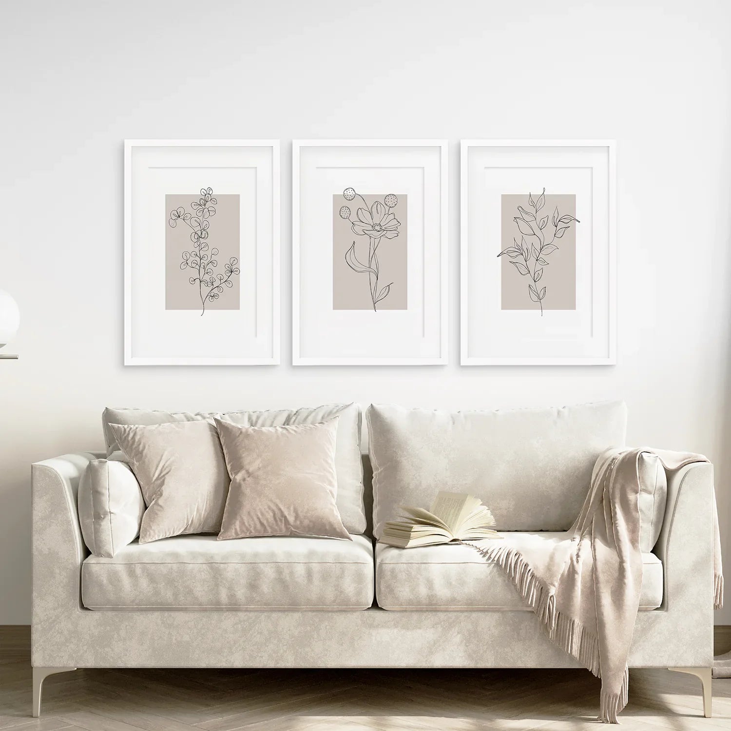 Pastellfarbenes botanisches Wandkunst-Set, 3-teilig. Grau und Beige