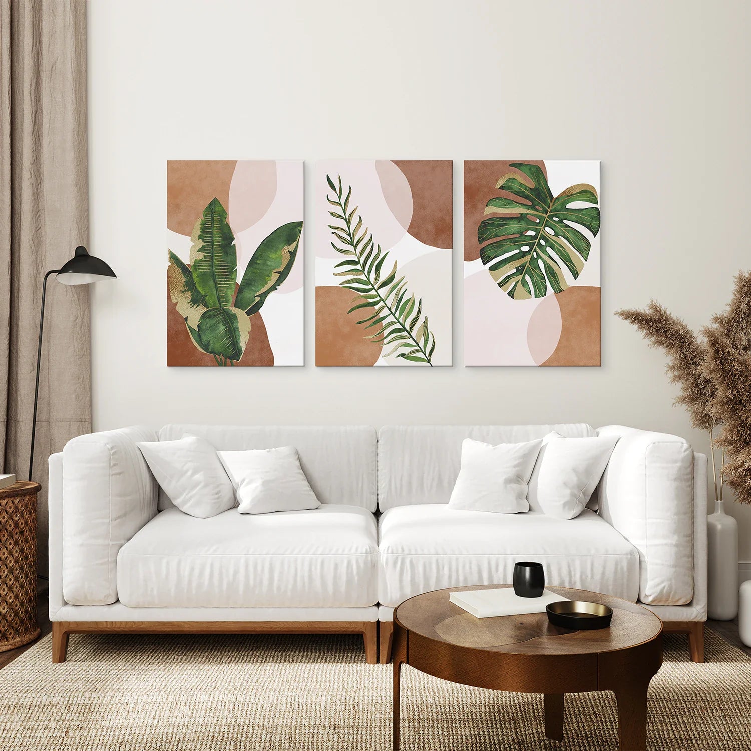 3-teilige Terrakotta Boho Wandkunst. Grüne tropische Blätter