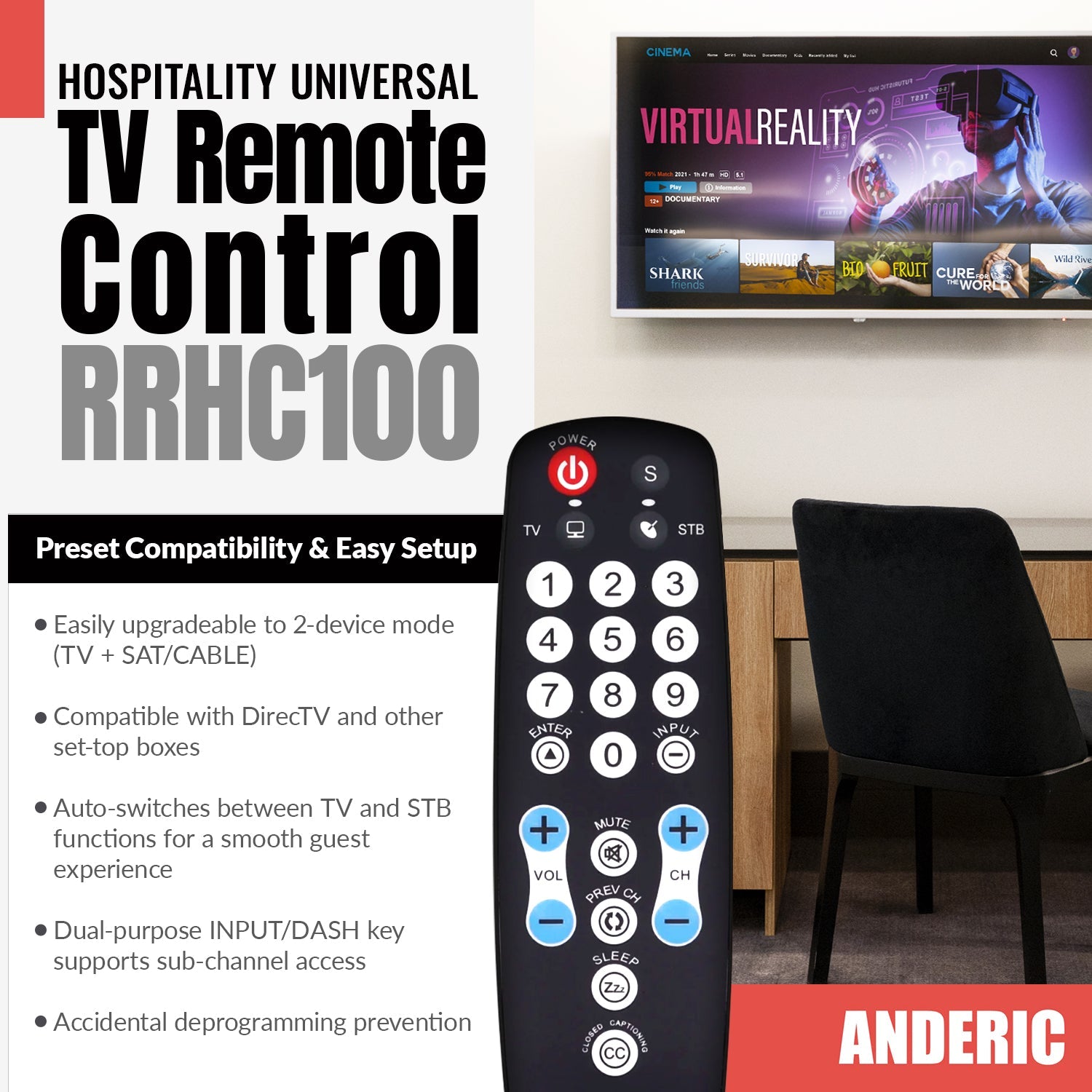 Anderic RRHC100 2-Device Universal Remote Control for Hospitality TV Cable Satellite STB with EzWipe Surface and Learning