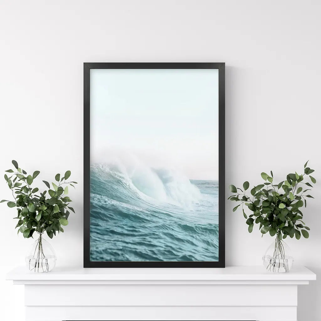 Großer pastellblauer Wellen-Kunstdruck. Maritimes Thema