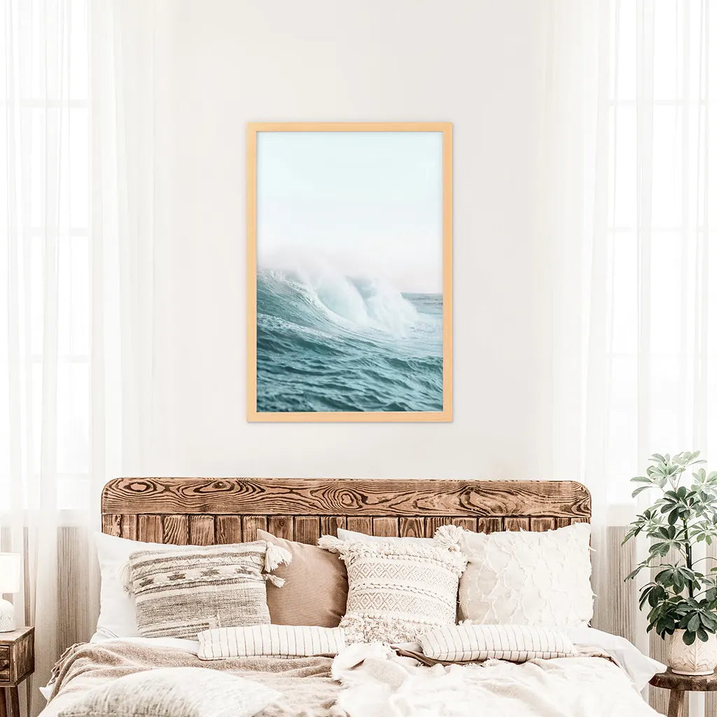 Großer pastellblauer Wellen-Kunstdruck. Maritimes Thema
