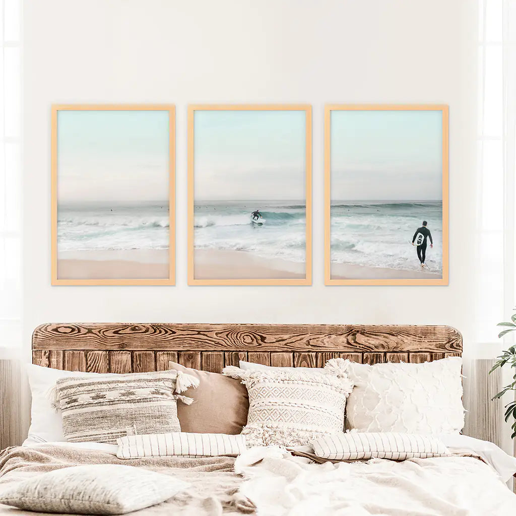 Ocean Beach Surf Kunstdrucke. Wandkunst in Türkis- und Rosatönen