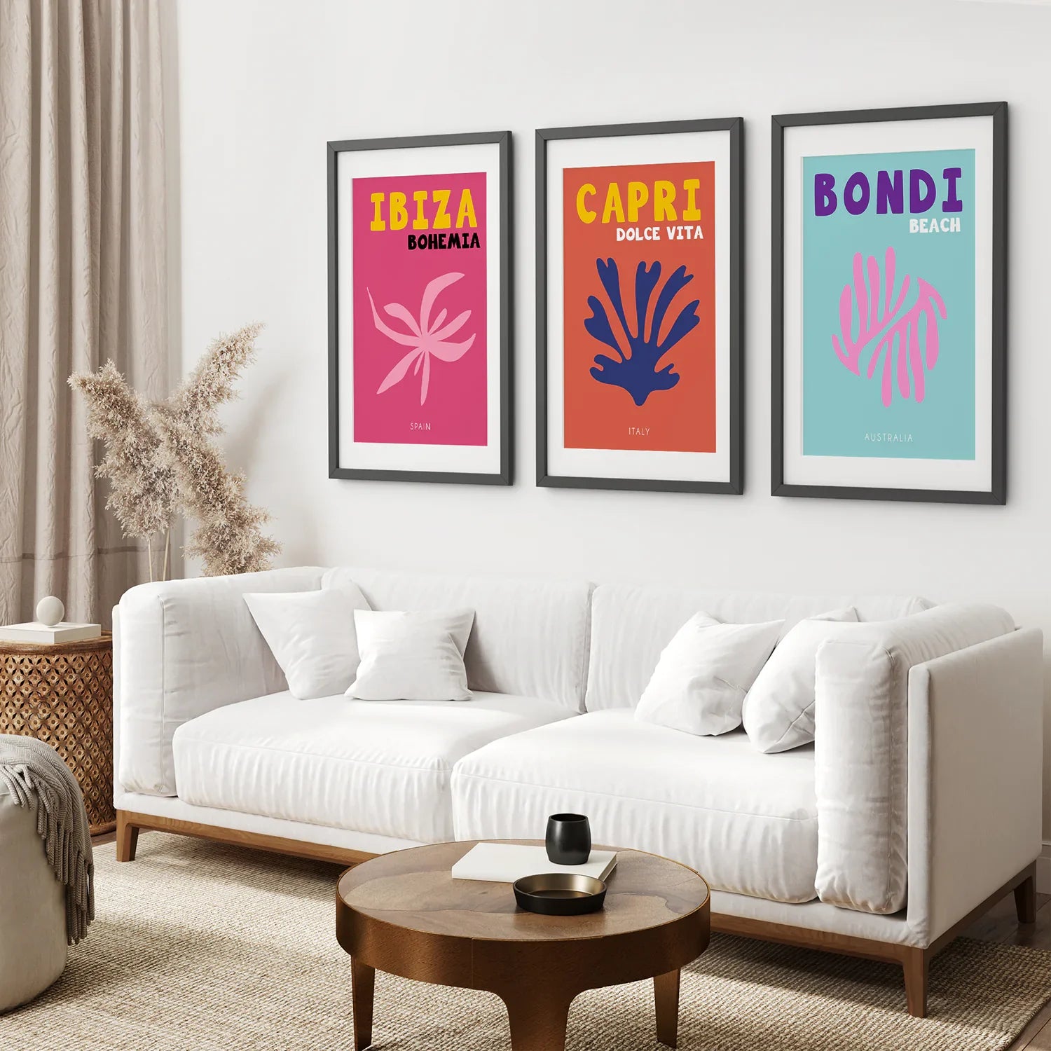 3-teiliges, modernes Wandbild-Set zum Thema Reisen. Italien, Australien, Spanien