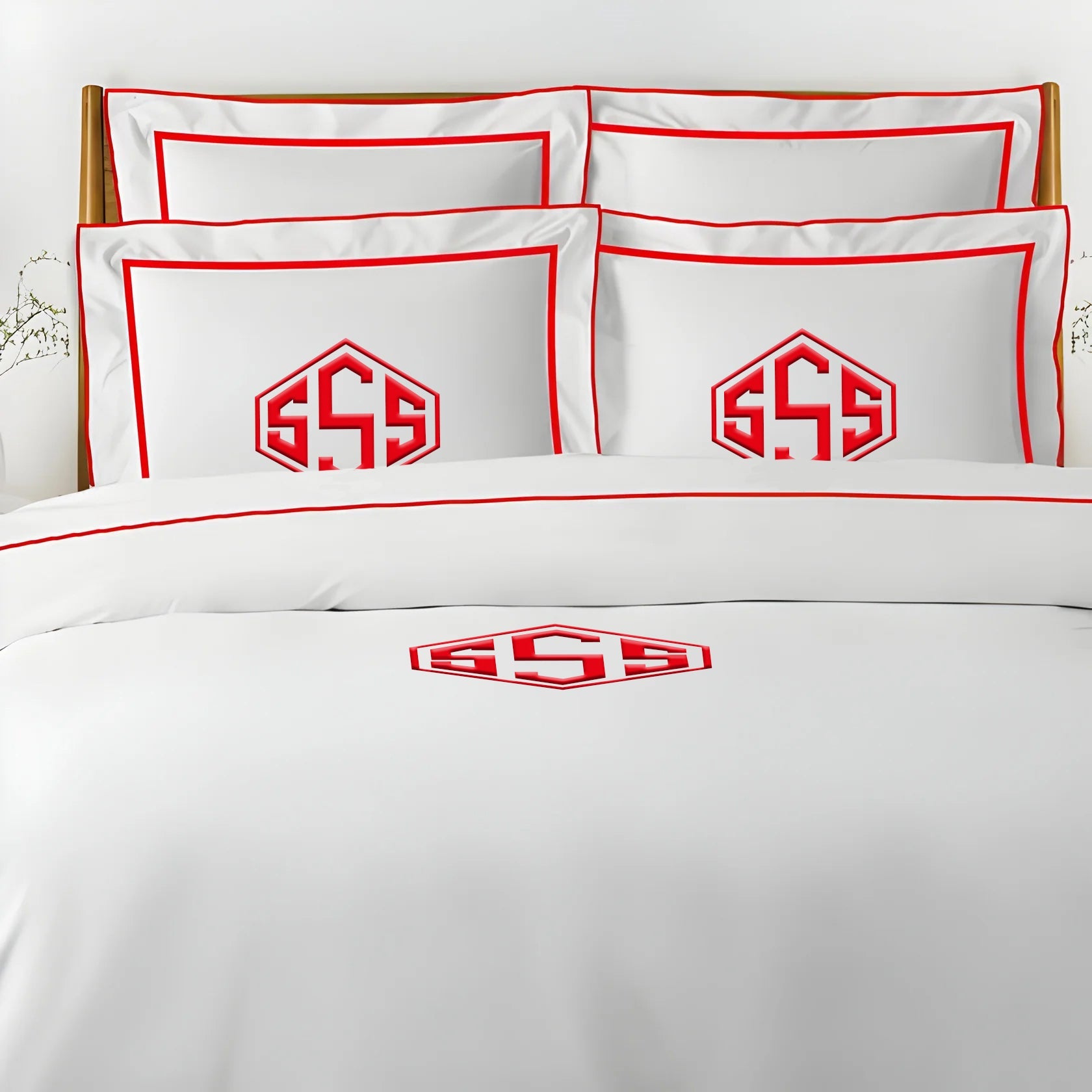 Monogram Embroidery & Border Cotton Sateen Solid Duvet Cover Set