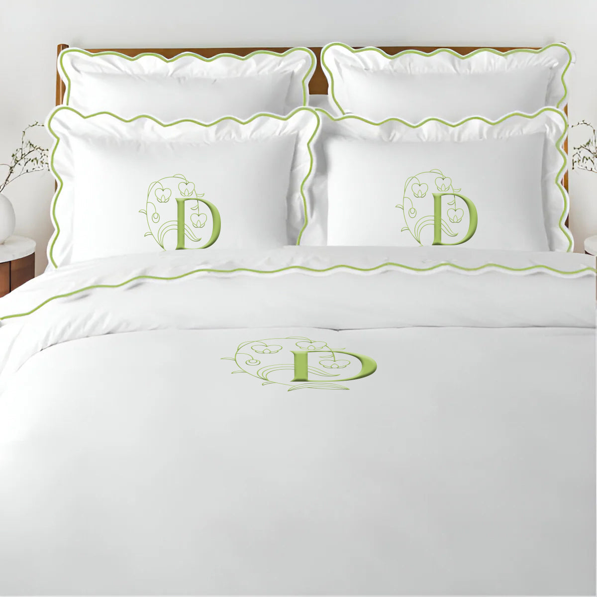 Monogram 400TC Cotton Scallop Embroidery Sateen Solid Duvet Cover Set