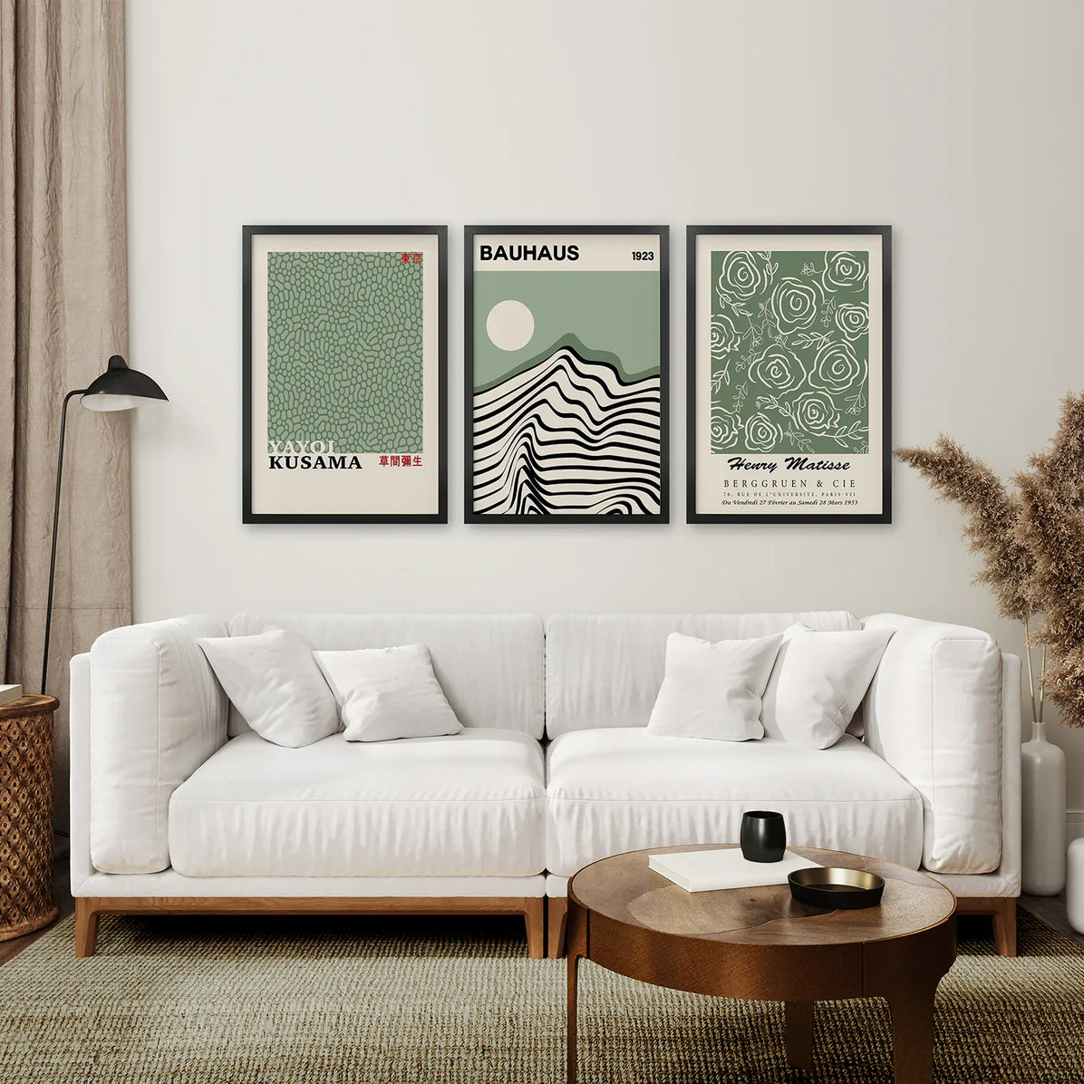 Salbeigrünes Ausstellungs-Kunst-Set mit 3 Drucken. Bauhaus, Kusama, Matisse