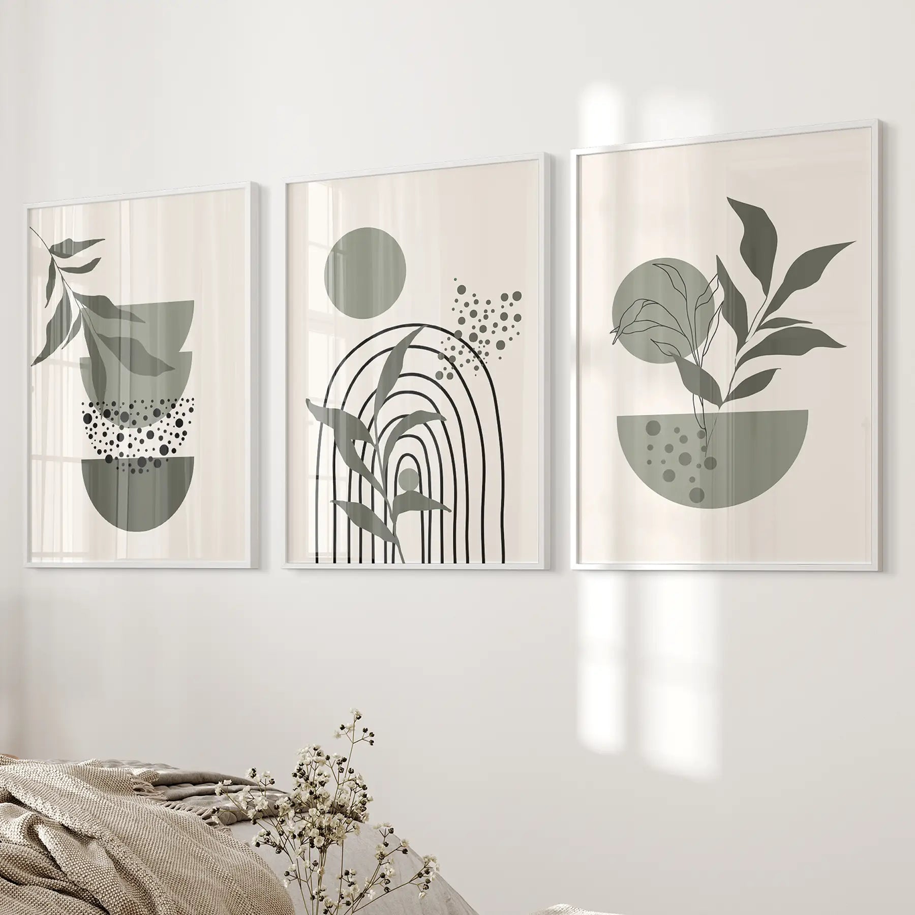 3-teilige Boho-Wandkunstdrucke. Grüne Mid-Century abstrakte Dekoration