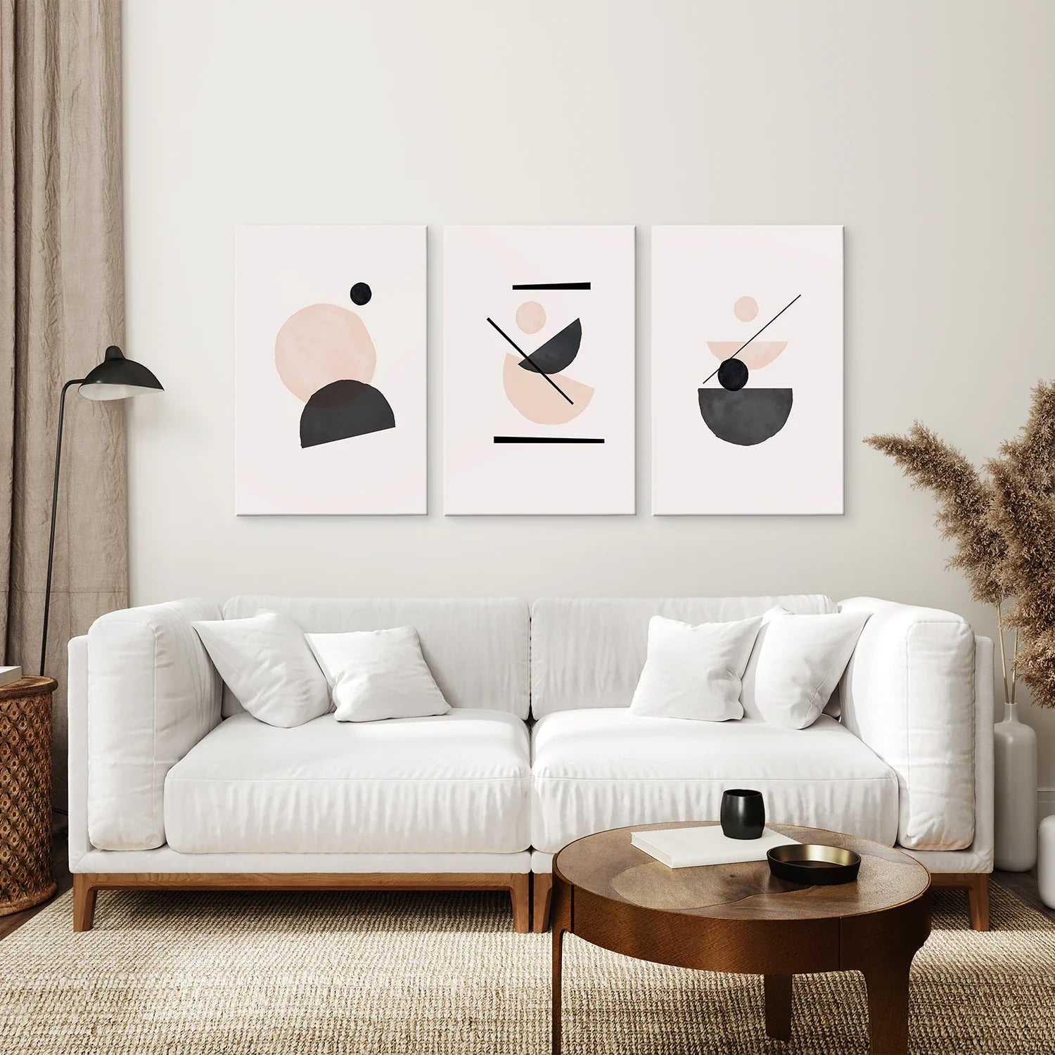 3-teiliges abstraktes Wandbild, Mid-Century-Stil. Beige und Schwarz