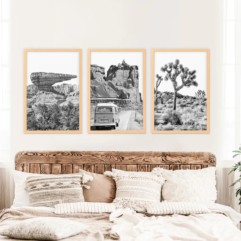 Schwarz-Weiß-Wandbild-Set "Wüste". Klippe, Van, Baum