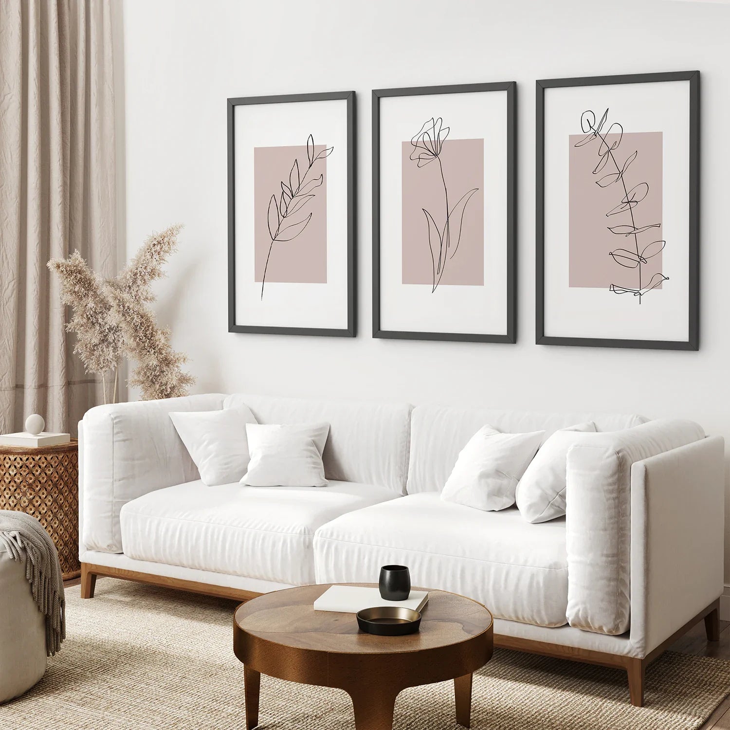 Set aus 3 botanischen Line-Art-Drucken in Rouge-Pink