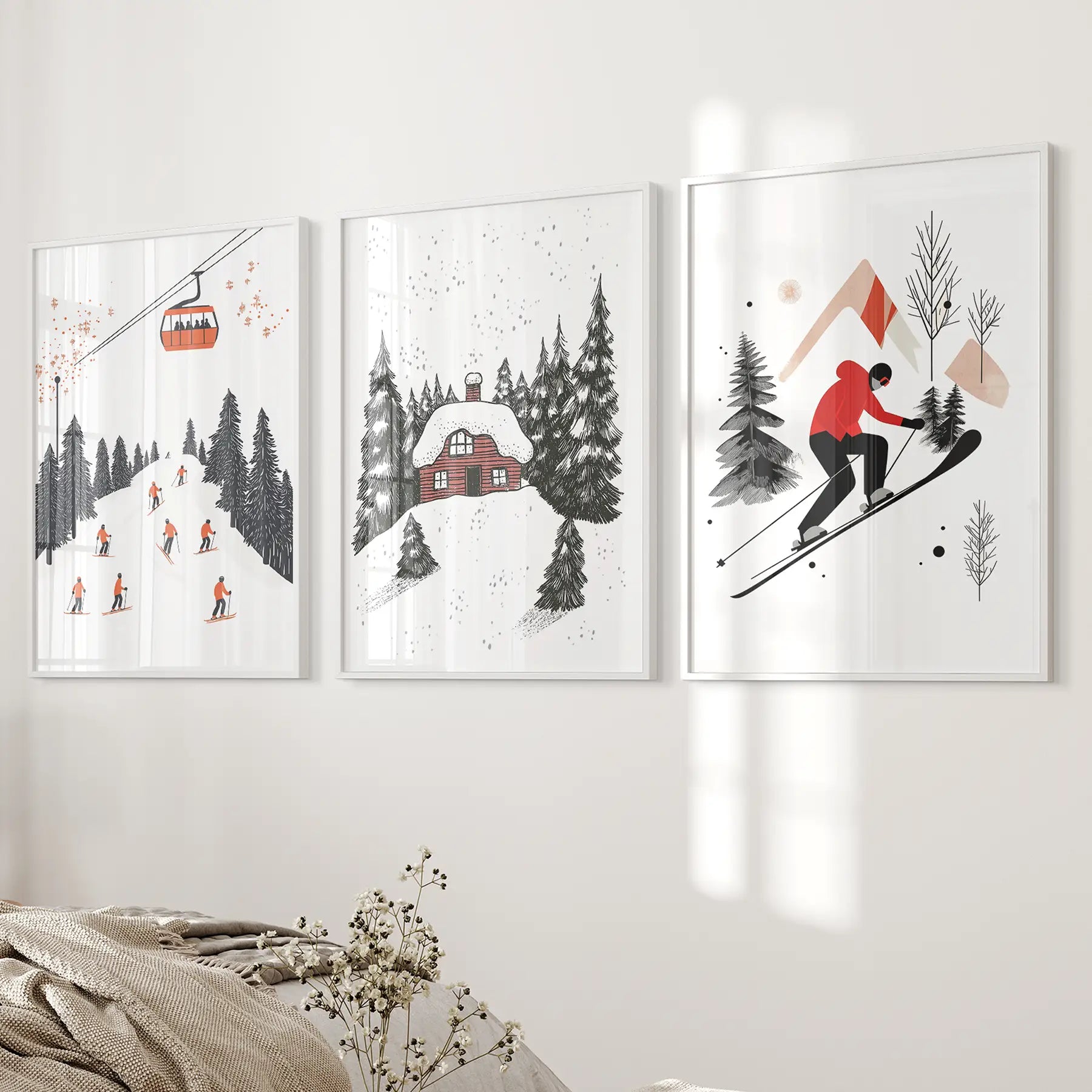 Alpiner Skisport Winter 3er-Set Drucke Wandkunst für Zuhause