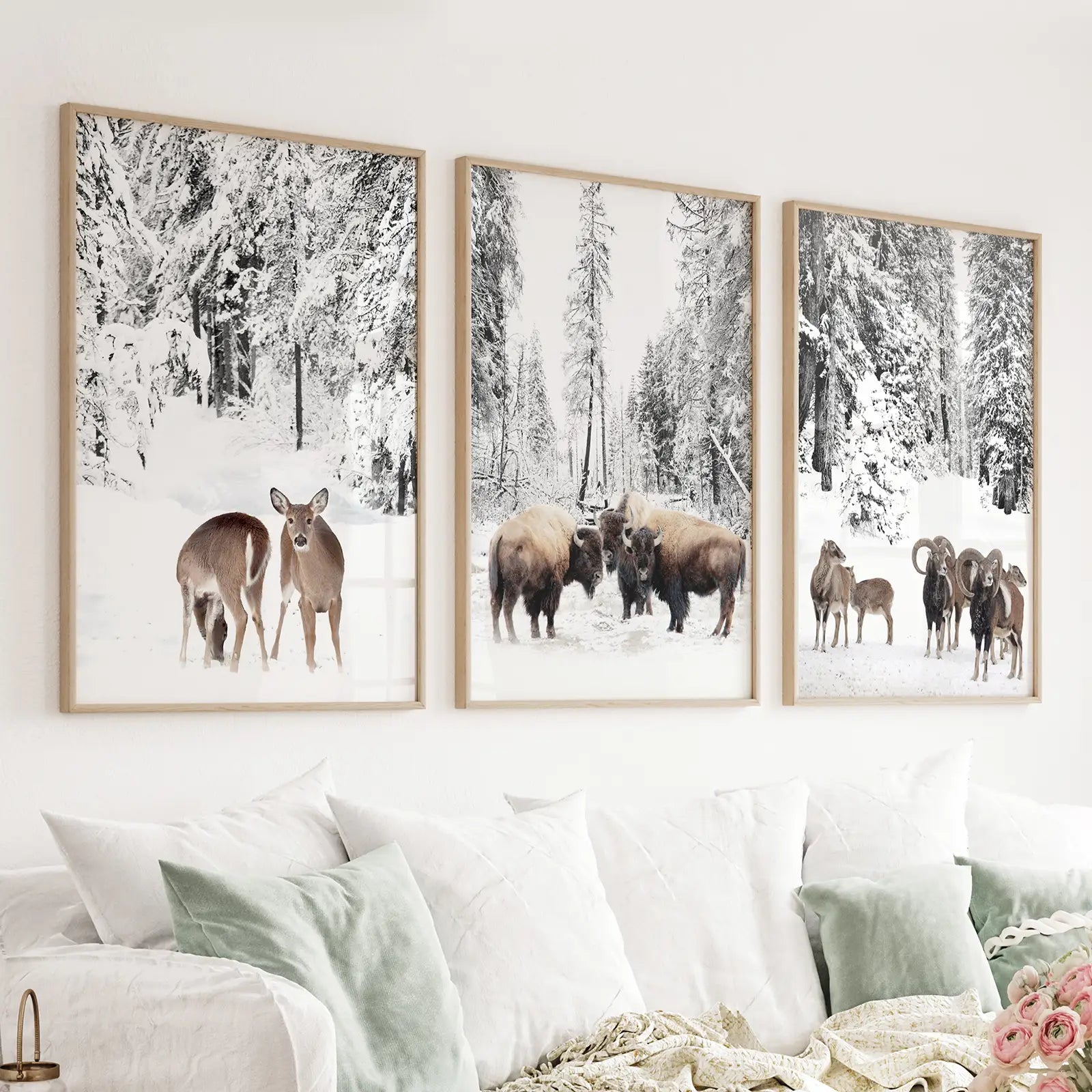 Wintertiere Wandbild Set mit 3. Büffel, Reh, Ziege