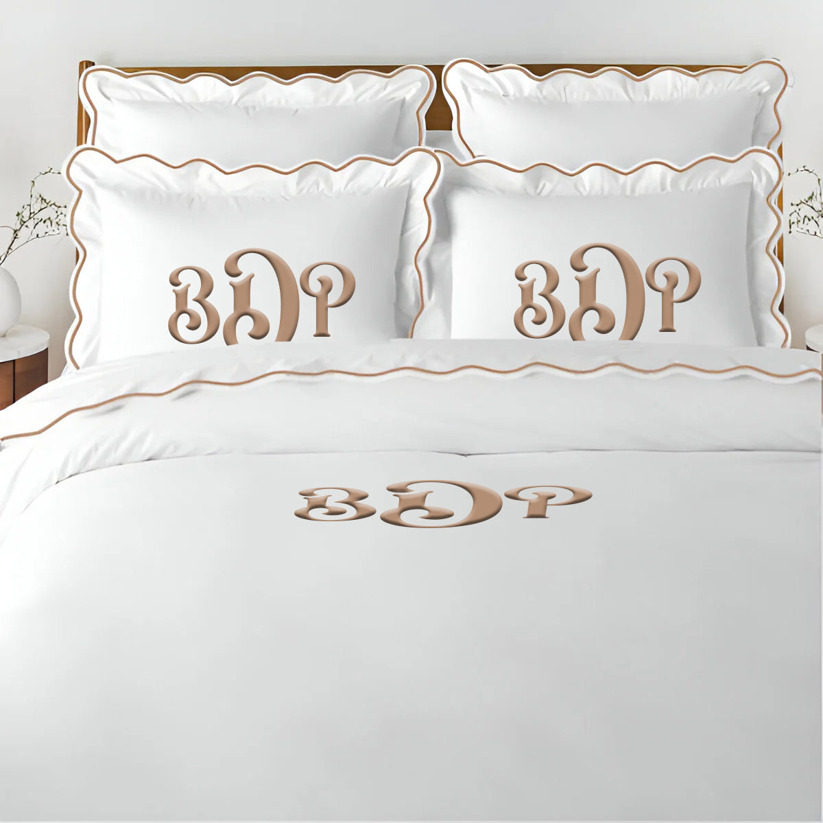 Monogram 400TC Cotton Scallop Embroidery Sateen Solid Duvet Cover Set