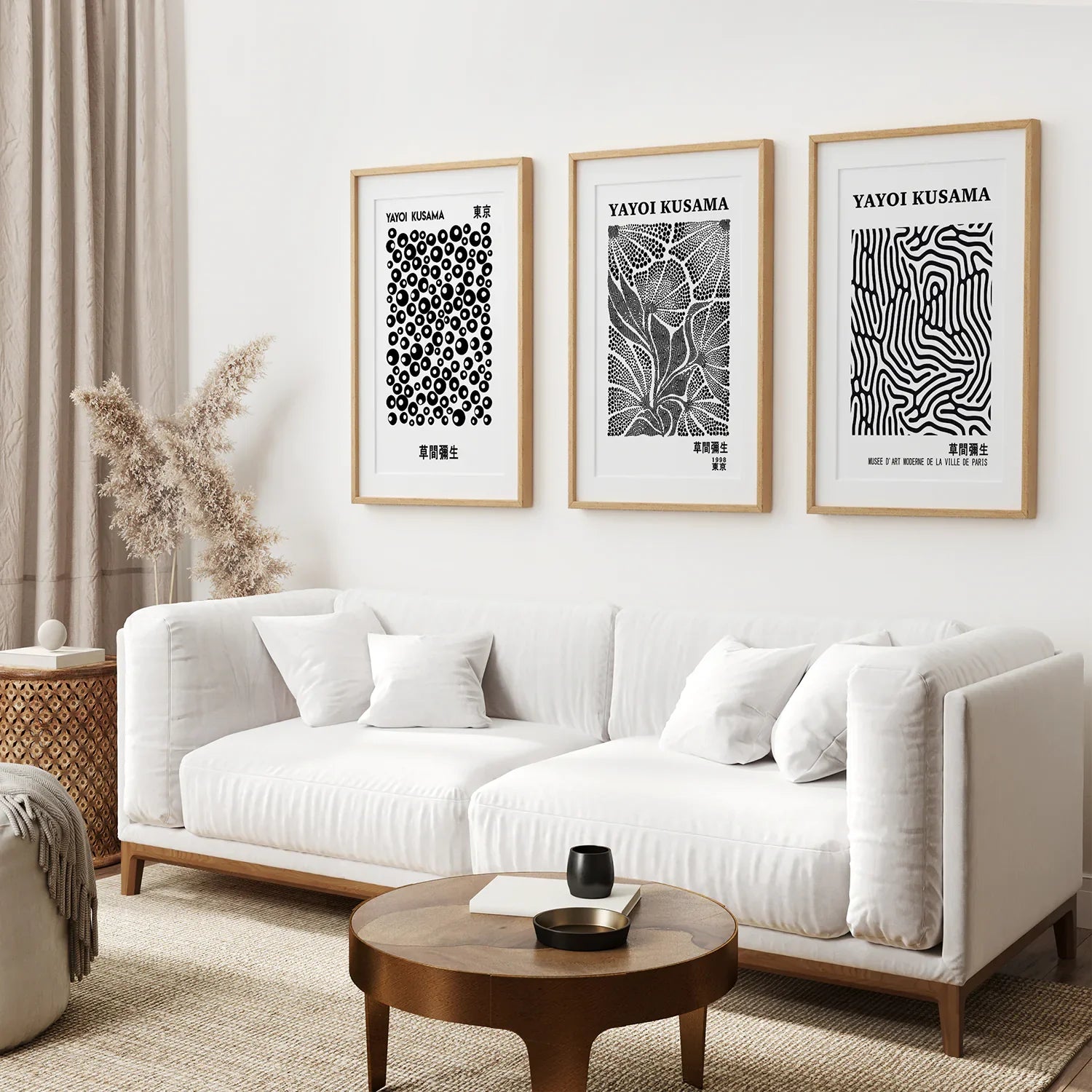Schwarz-Weißes 3-teiliges abstraktes Kusama-Kunstset