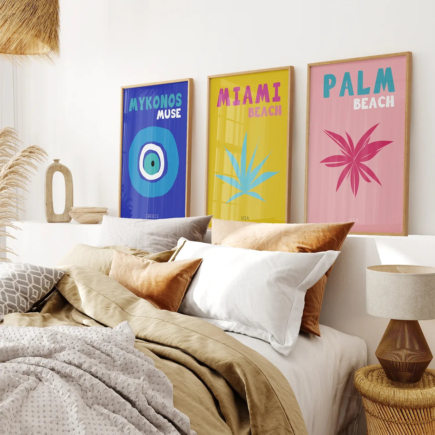 Trendy Maximalistisches Raumdekor, 3er-Set Drucke. Reisethema
