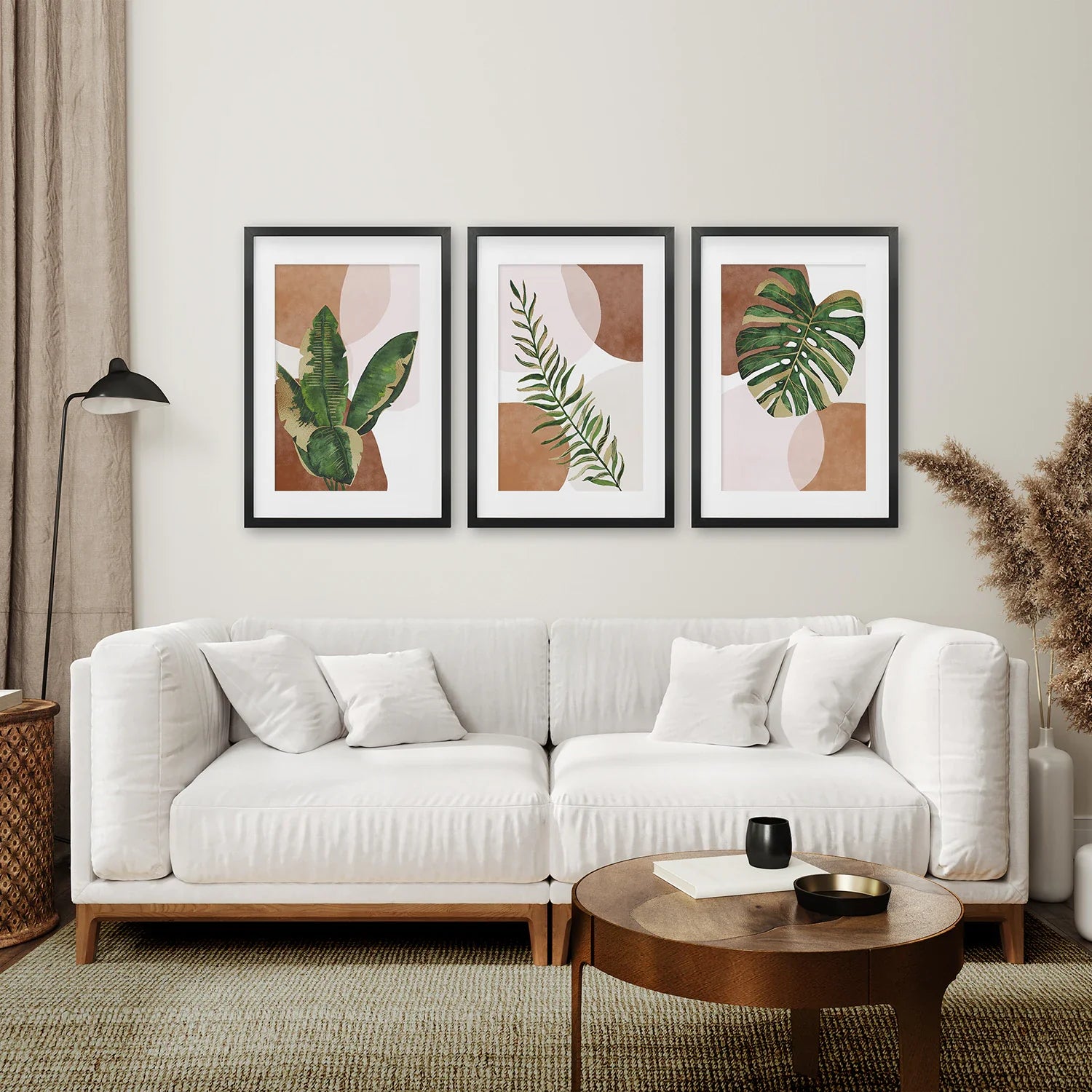 3-teilige Terrakotta Boho Wandkunst. Grüne tropische Blätter