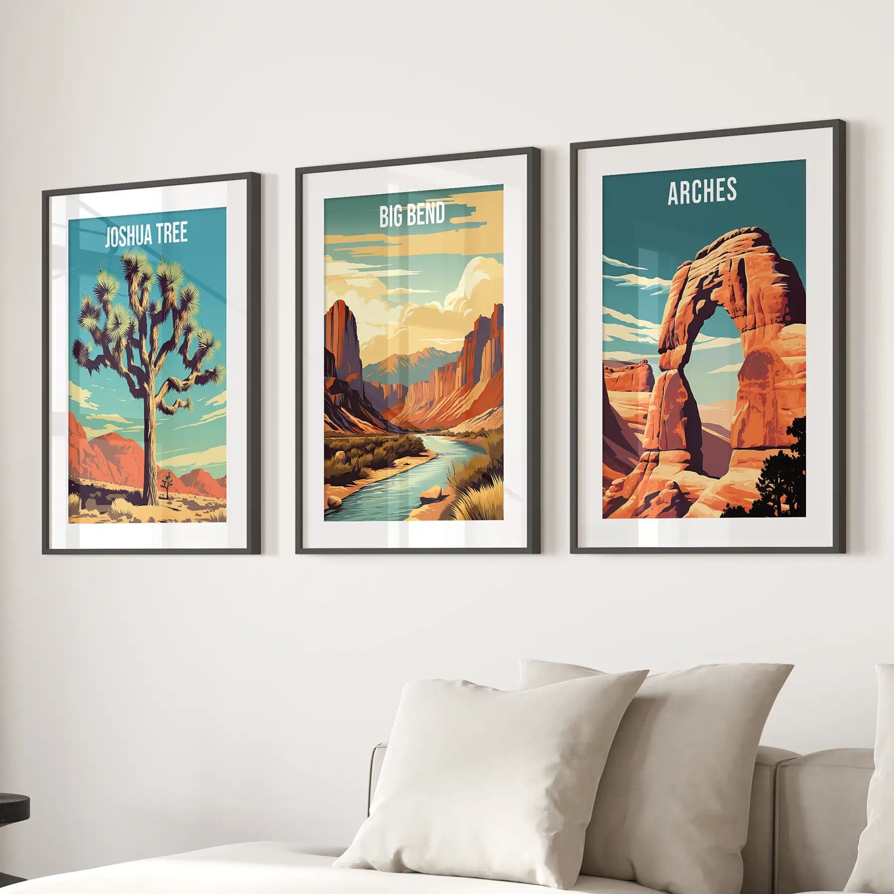 3-teilige USA Nationalpark Kunst. Big Bend, Arches, Joshua Tree